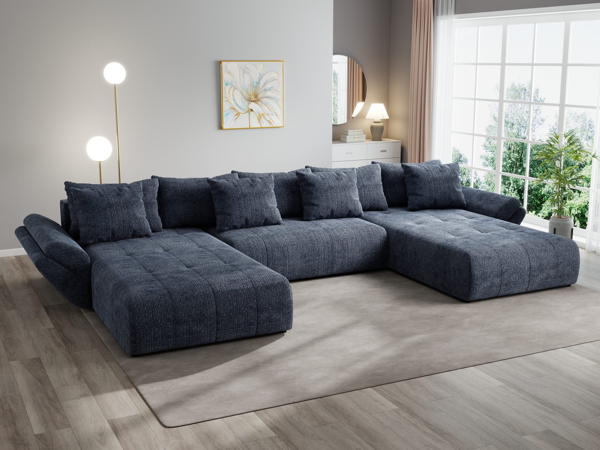 Colțar extensibil dumonde cu ladă de depozitare si sezut confortabil din spuma high-density, Berlin U Cremona Albastru 79 380x180 cm