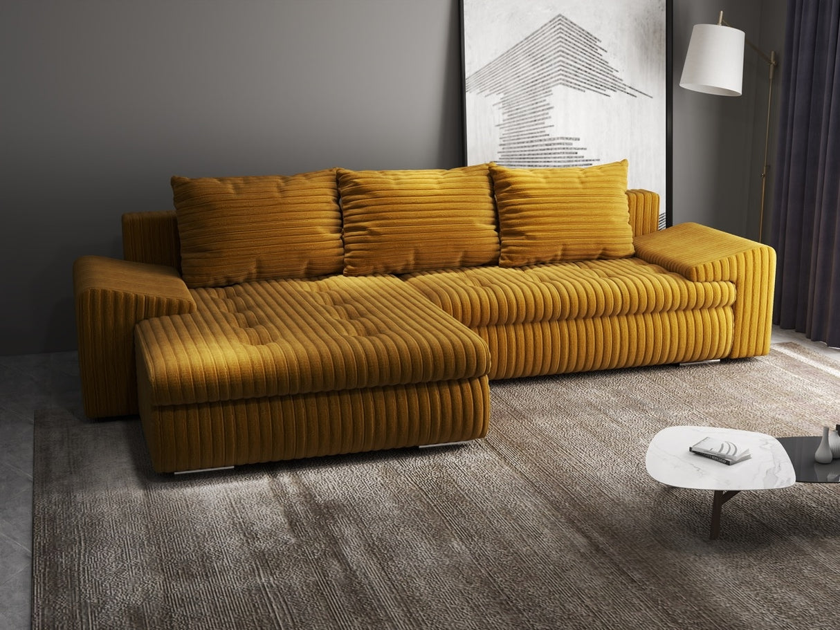 Colțar extensibil dumonde cu ladă de depozitare si sezut confortabil din spuma HR, Leonardo Ambience Mustar 255x193 cm