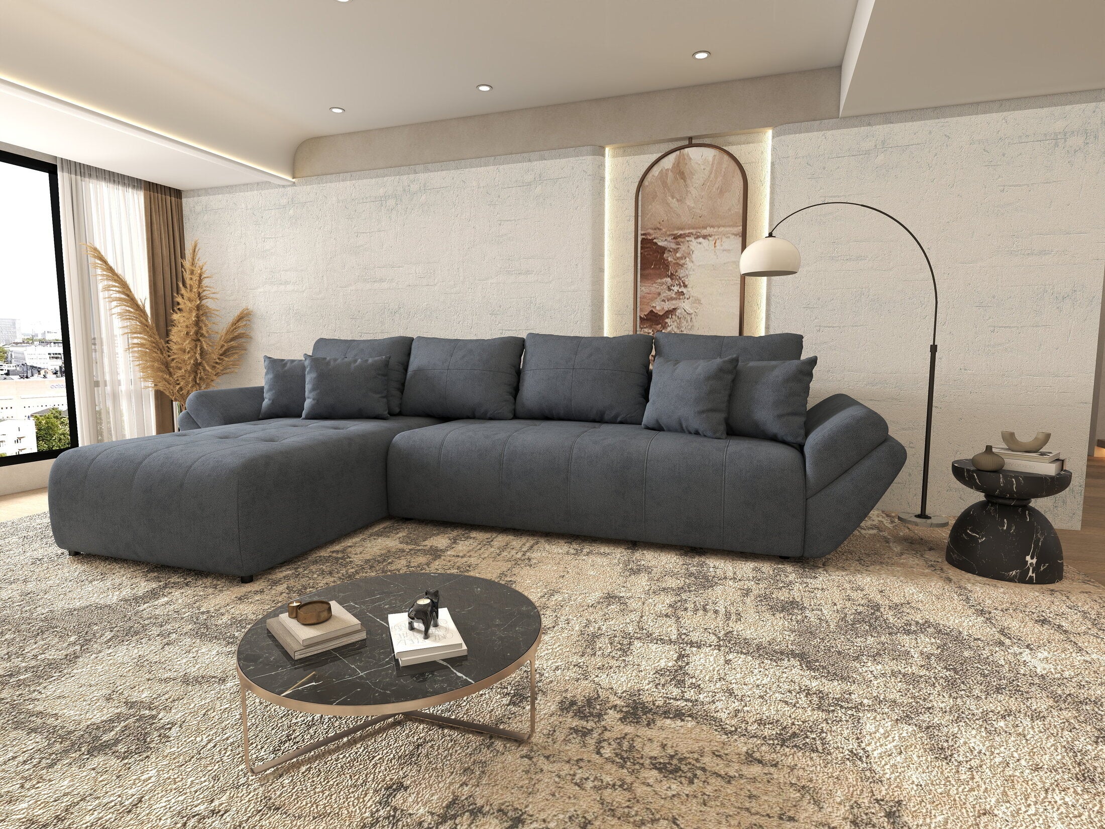 Colțar extensibil dumonde cu ladă de depozitare si sezut confortabil din spuma HR, Berlin XL Enjoy Antracit 350x185 cm