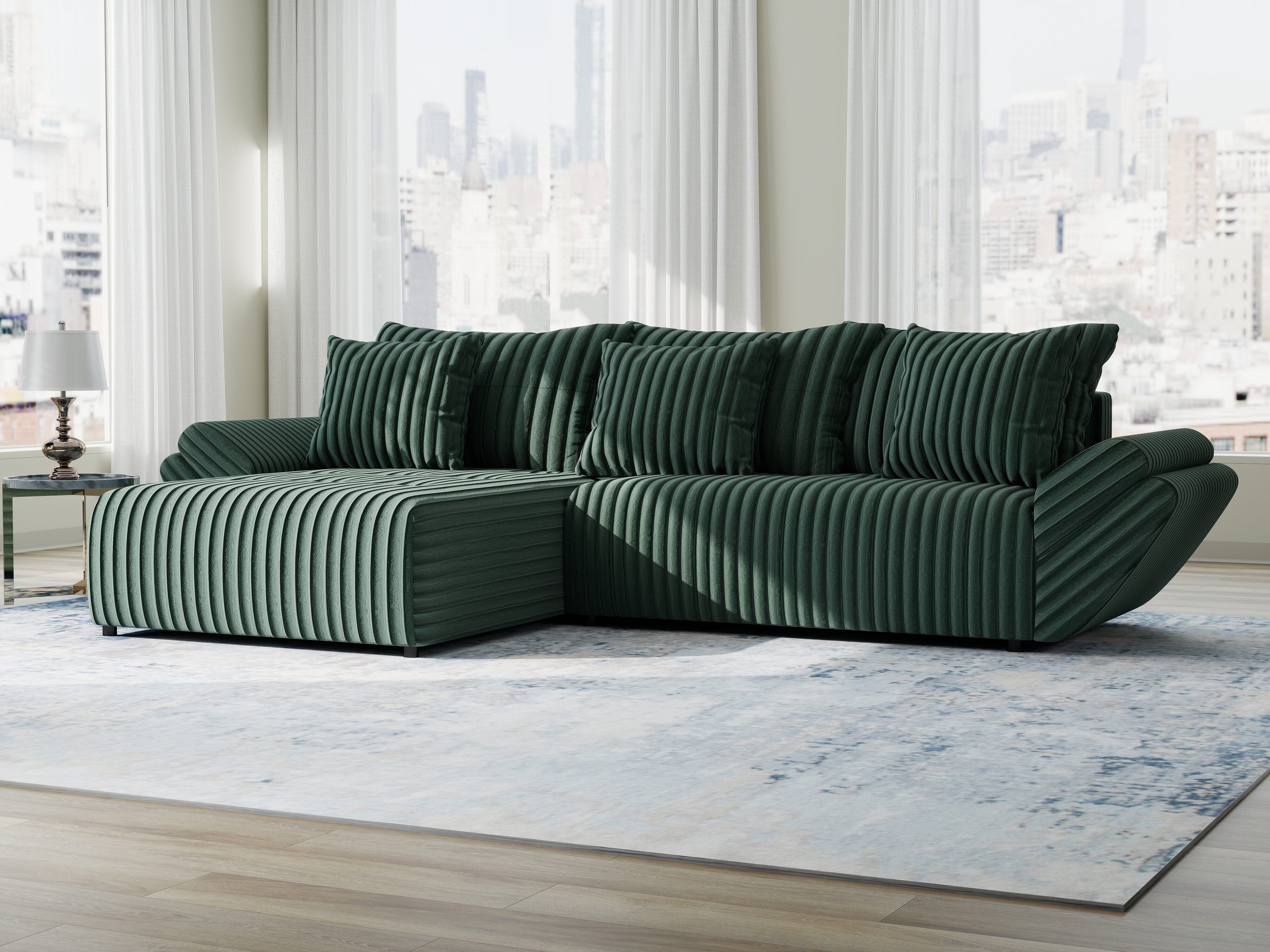 Colțar extensibil dumonde cu ladă de depozitare si sezut confortabil din spuma HR, Berlin Ambience Verde 280x185 cm