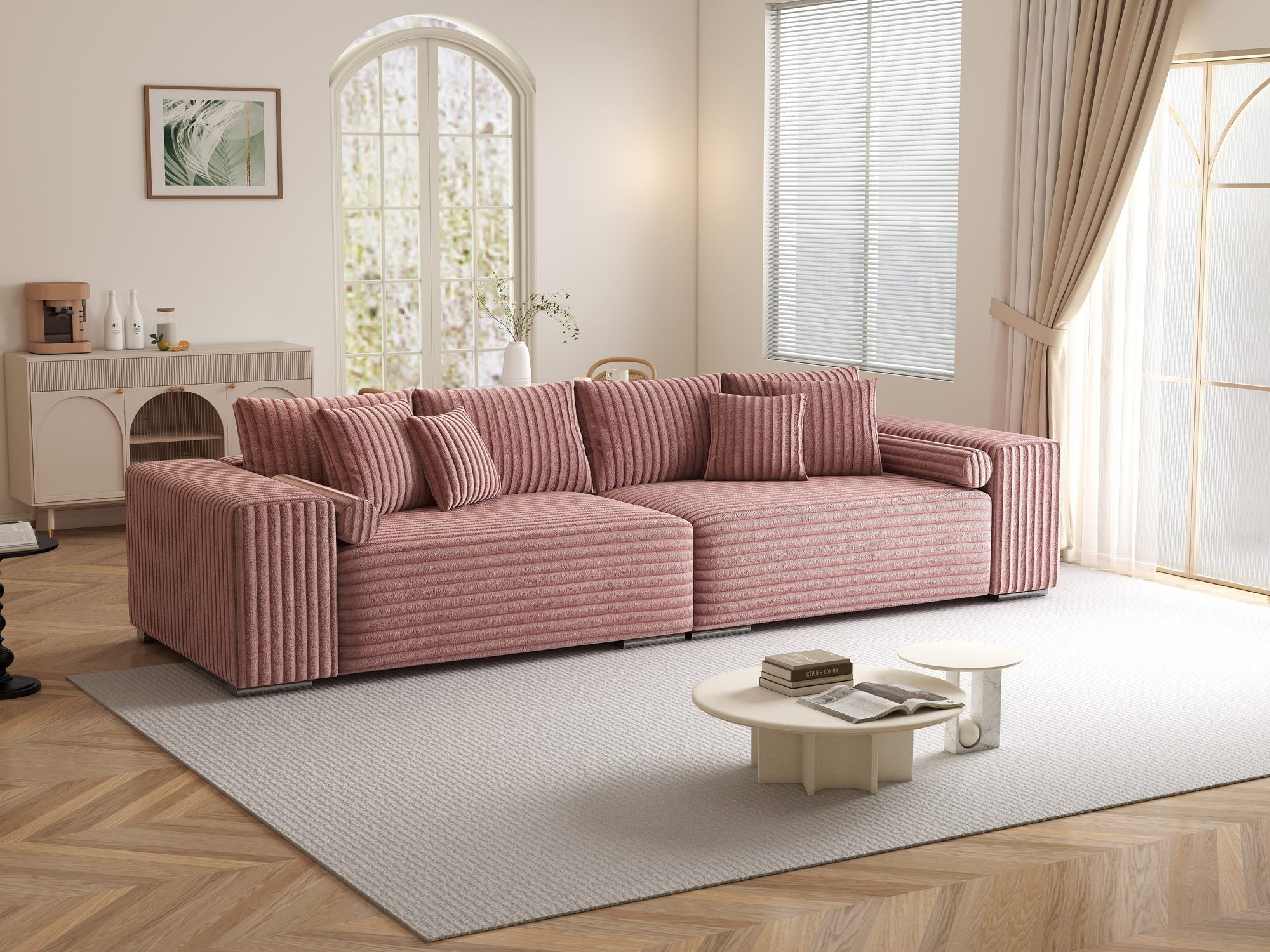 Canapea extensibilă dumonde cu ladă de depozitare si sezut confortabil din spuma high-density, Marbela XXL Tilia Roz Pudrat 62 290x100 cm