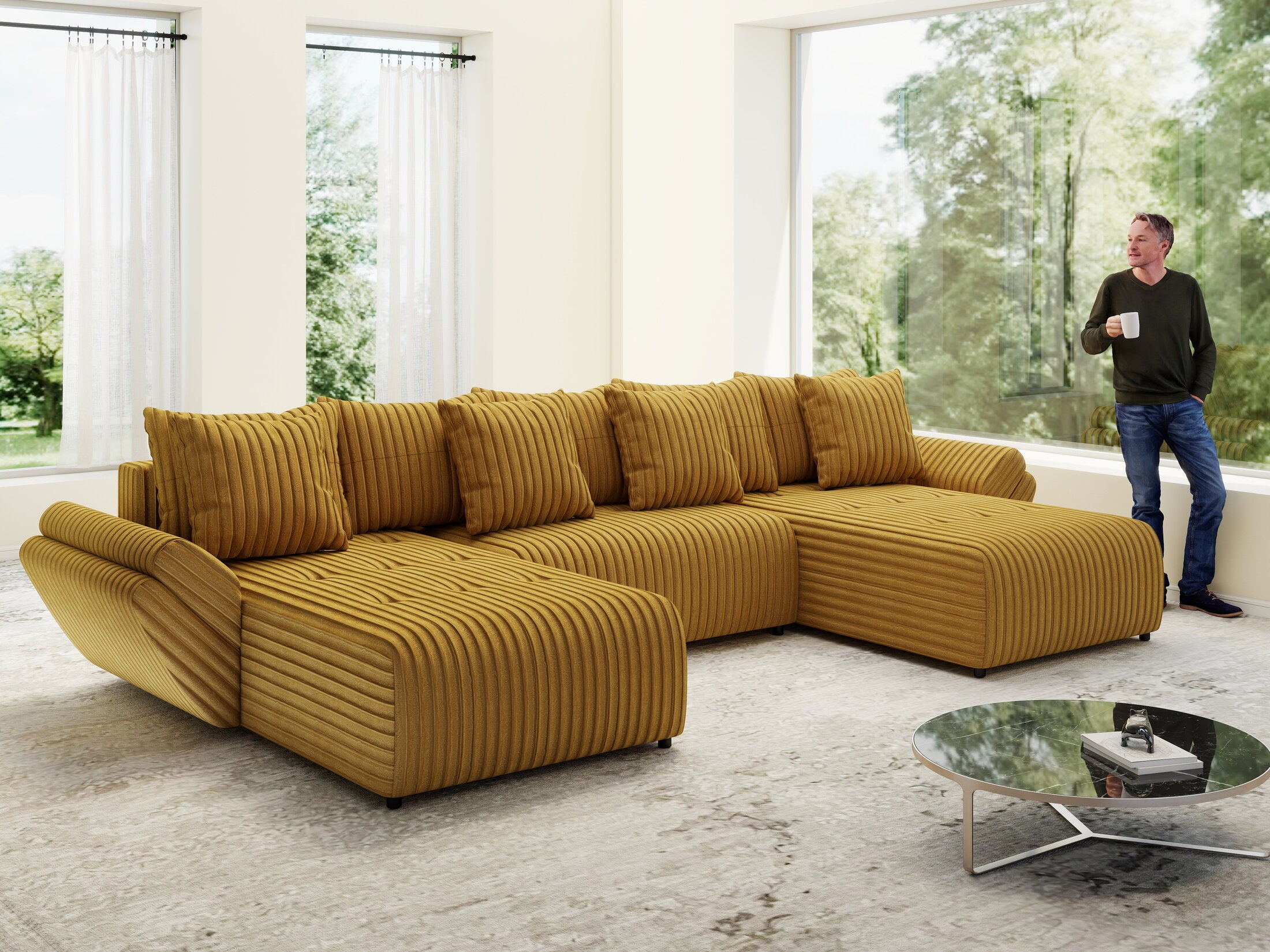 Colțar extensibil dumonde cu ladă de depozitare Berlin U Ambiance Mustar 400x185 cm