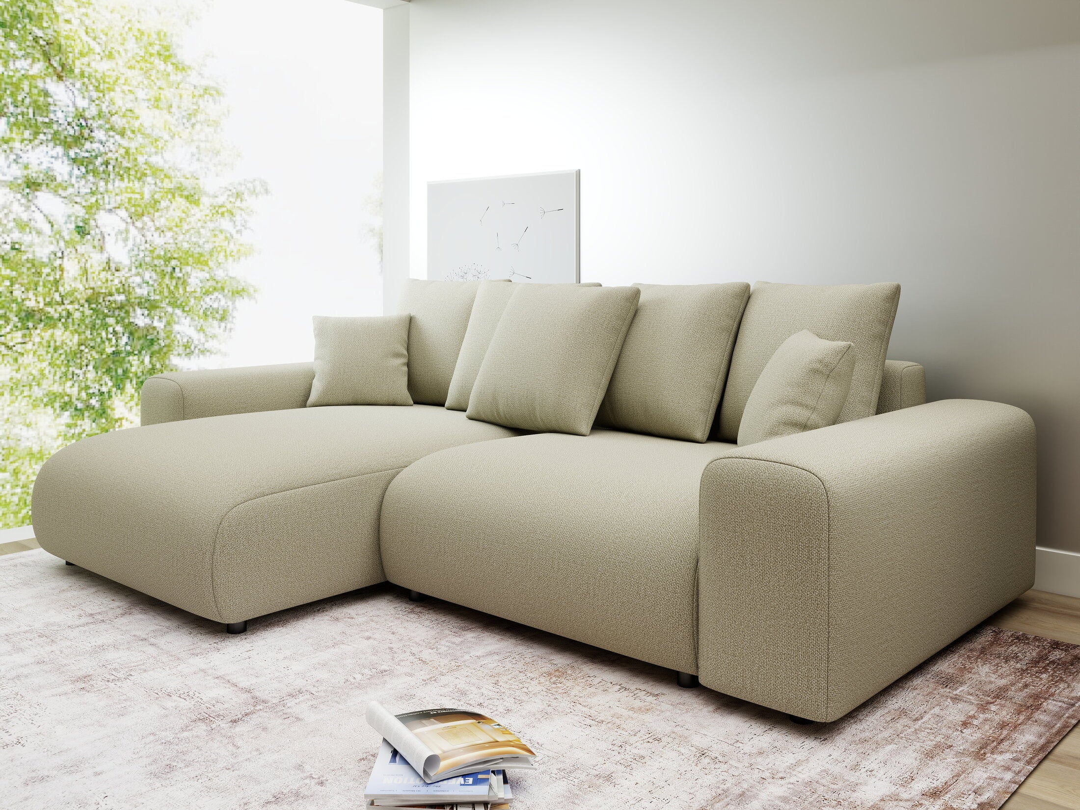 Colțar extensibil dumonde cu ladă de depozitare și șezut confortabil din spumă HR, Luma Enjoy Bej 255x168 cm