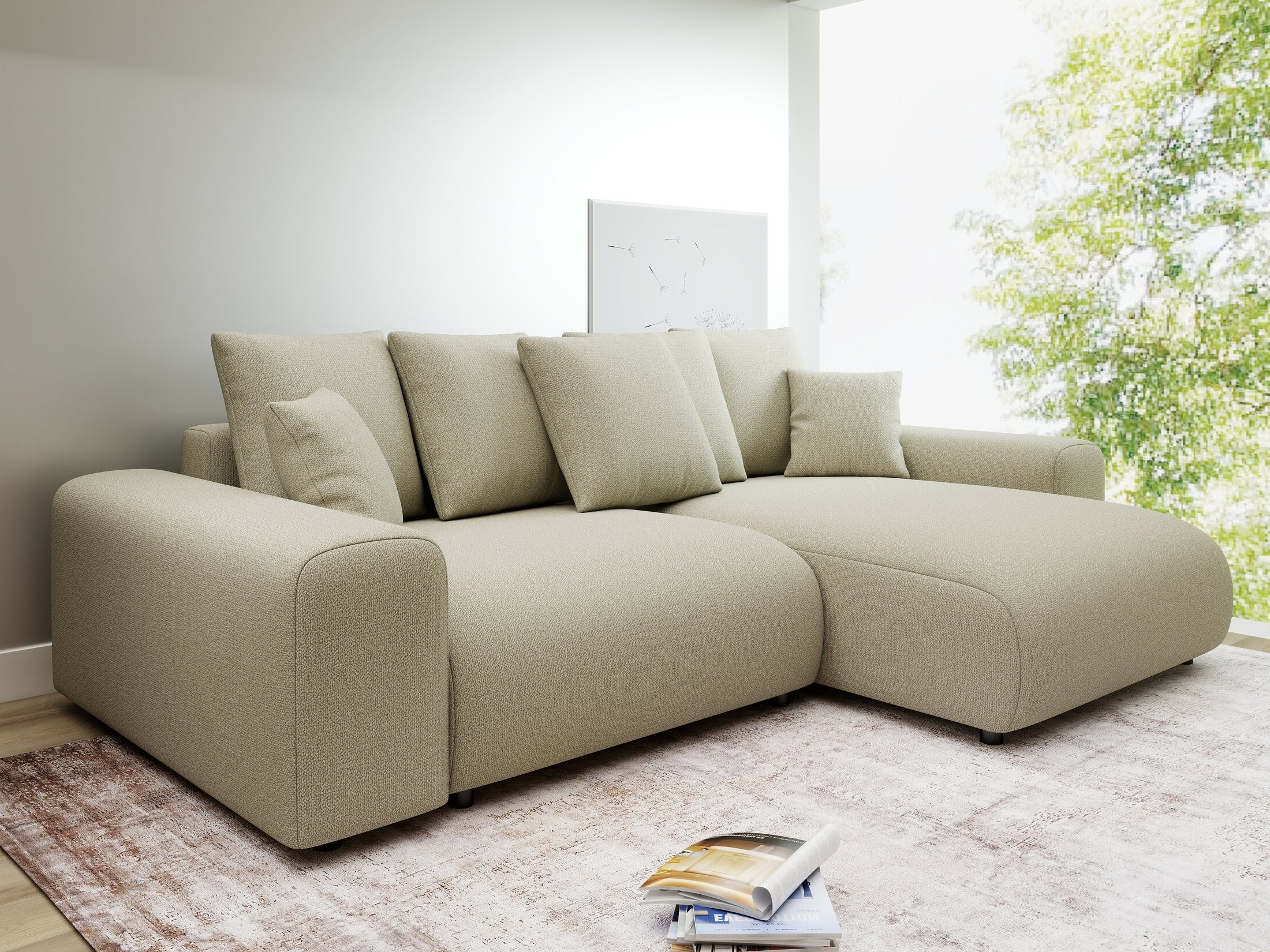 Colțar extensibil dumonde cu ladă de depozitare și șezut confortabil din spumă HR, Luma Enjoy Bej 255x168 cm II