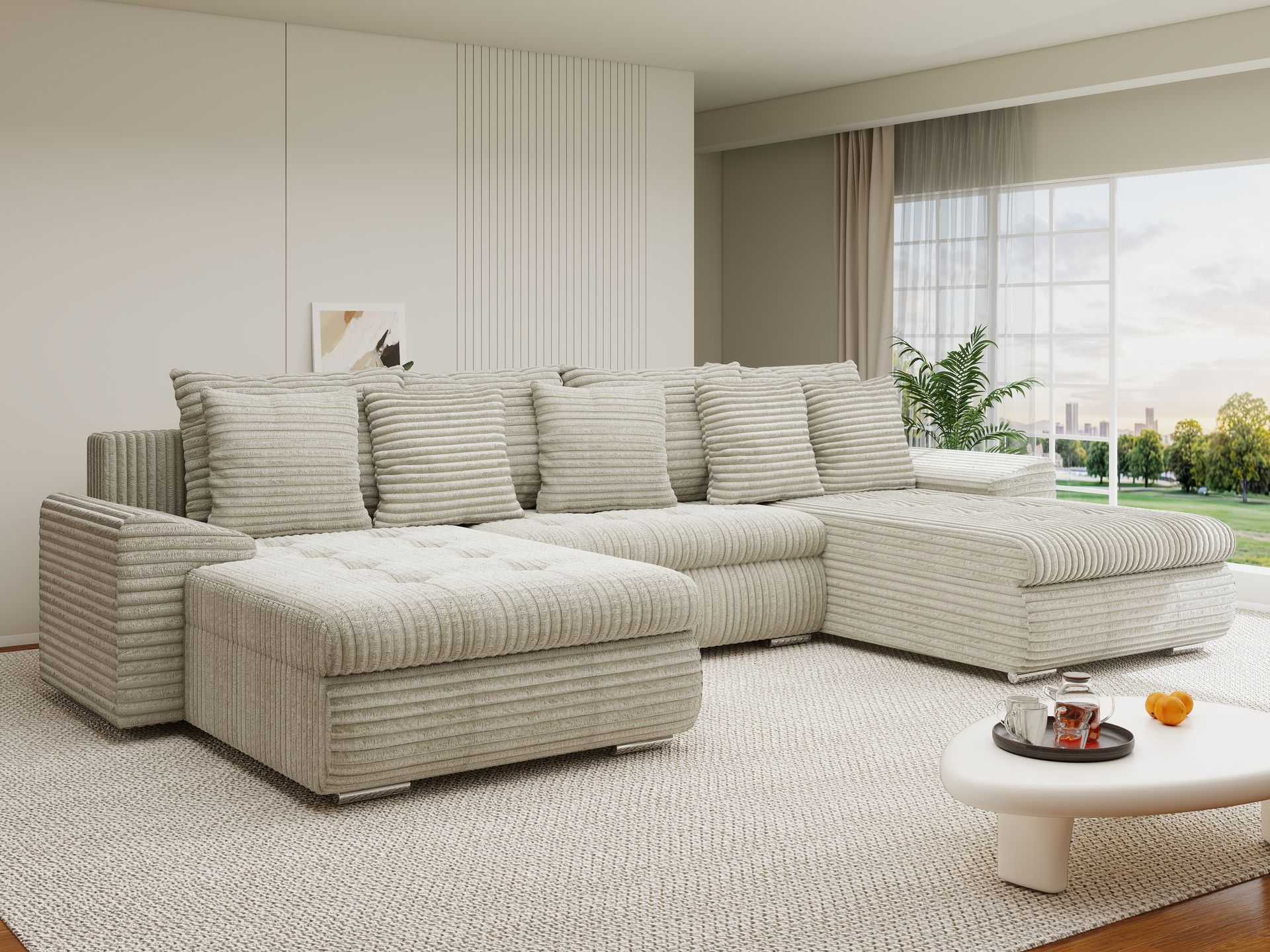 Colțar extensibil dumonde cu ladă de depozitare si sezut confortabil din spuma high-density, Leonardo U Tilia Bej 08 360x185 cm