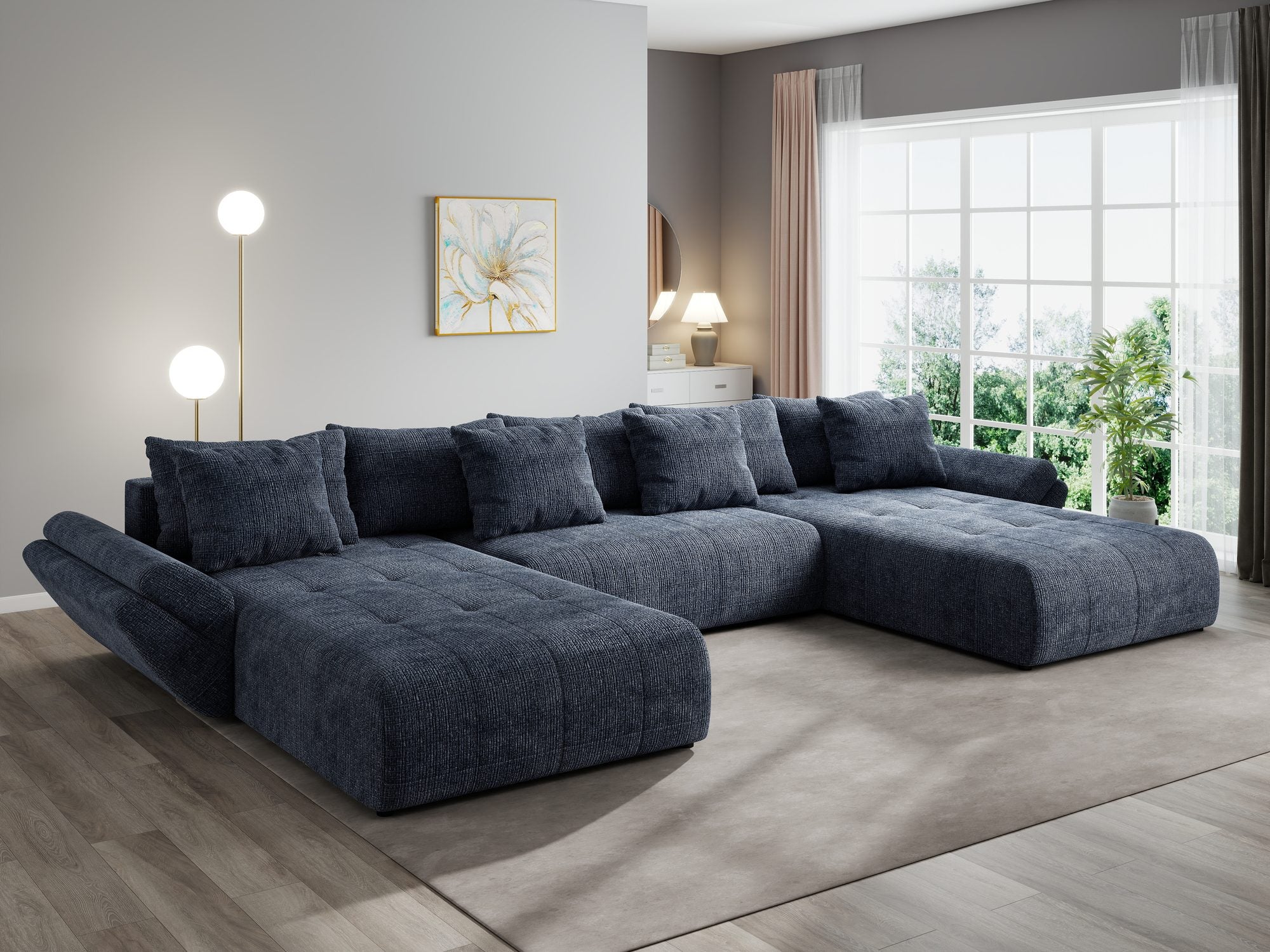 Colțar extensibil dumonde cu ladă de depozitare si sezut confortabil din spuma high-density, Berlin U Cremona Albastru 79 380x180 cm