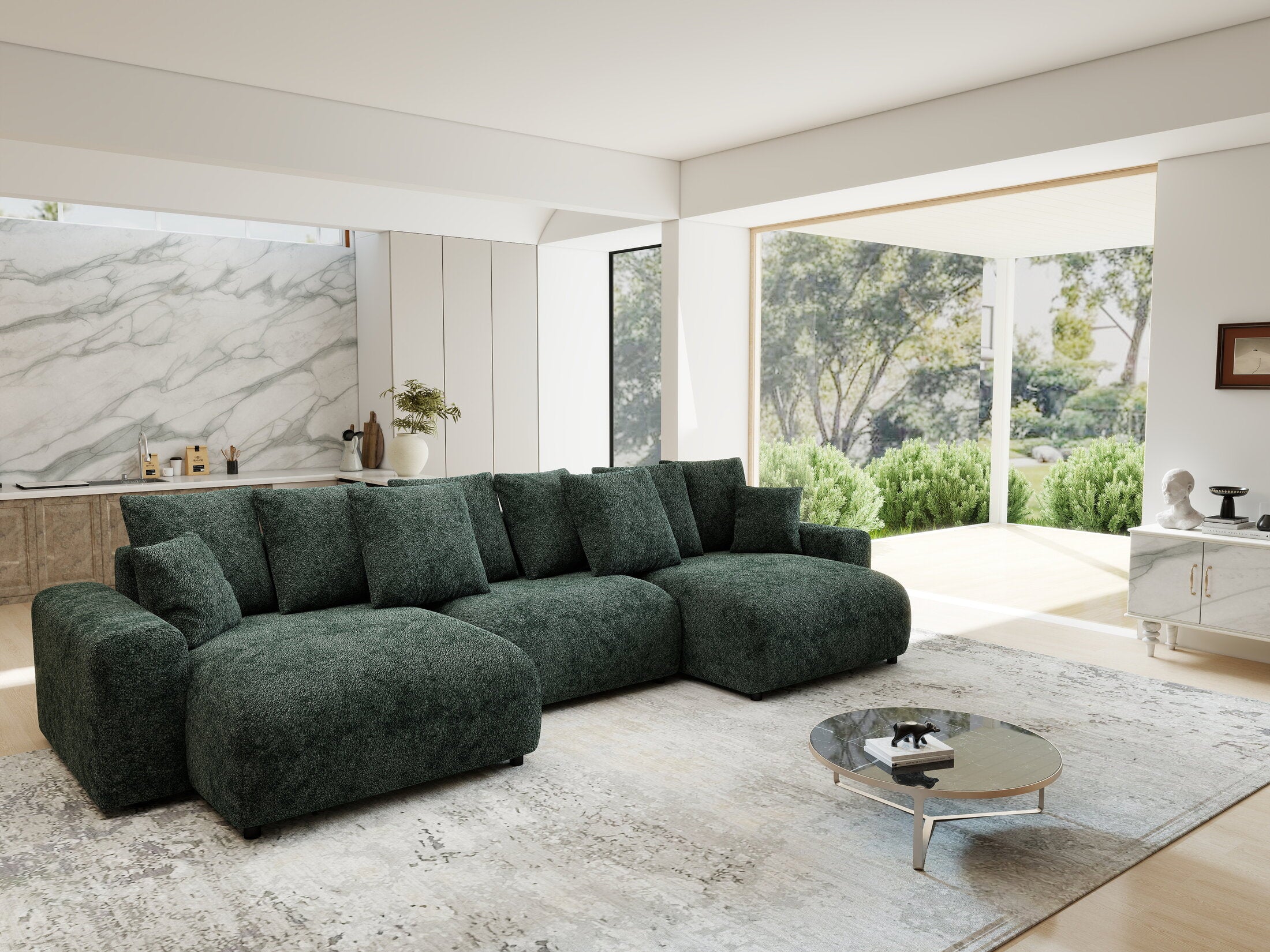 Colțar extensibil dumonde cu ladă de depozitare si sezut confortabil din spuma HR, Luma U Euphoria Verde 336x140 cm