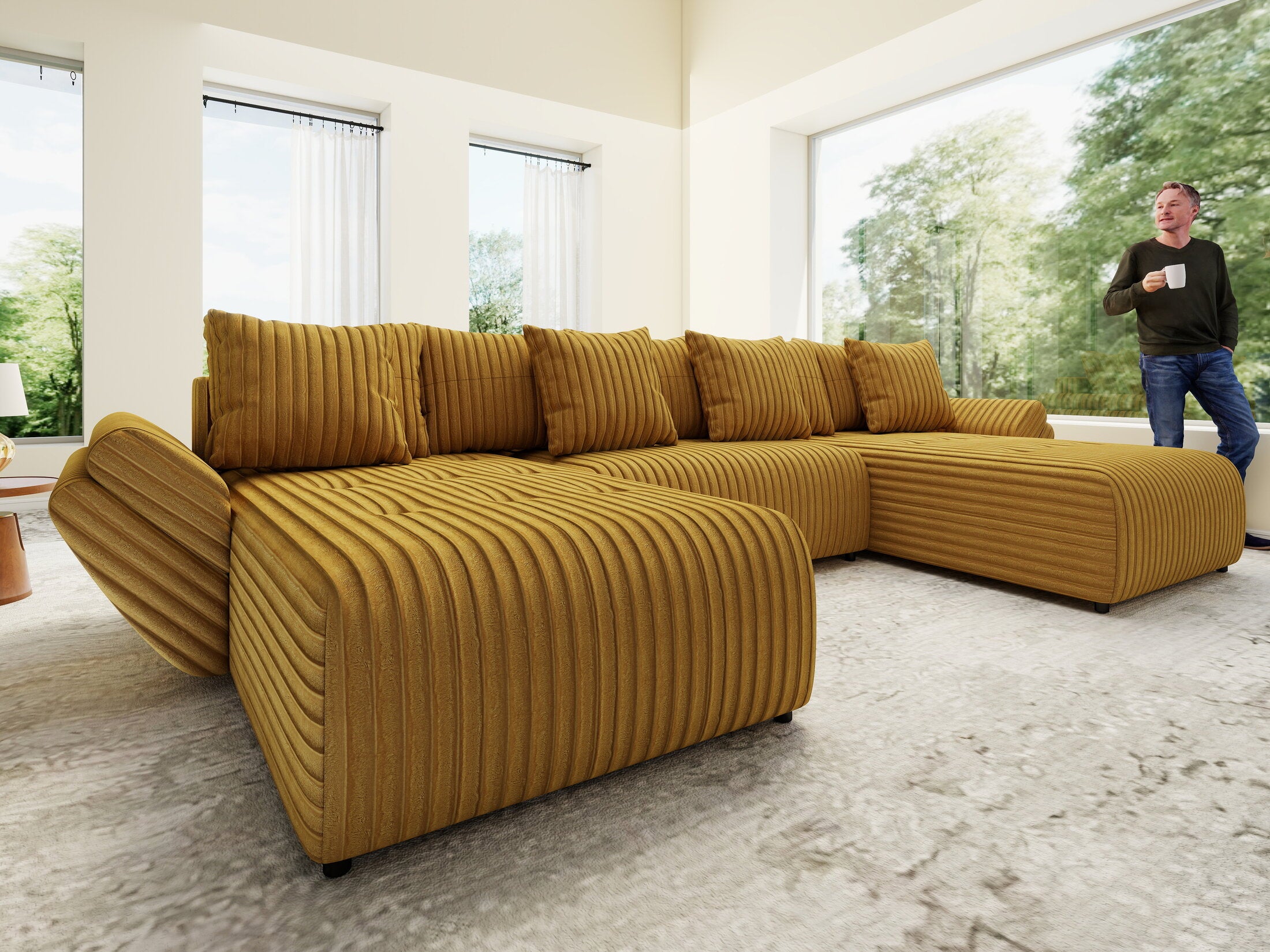 Colțar extensibil dumonde cu ladă de depozitare Berlin U Ambiance Mustar 400x185 cm