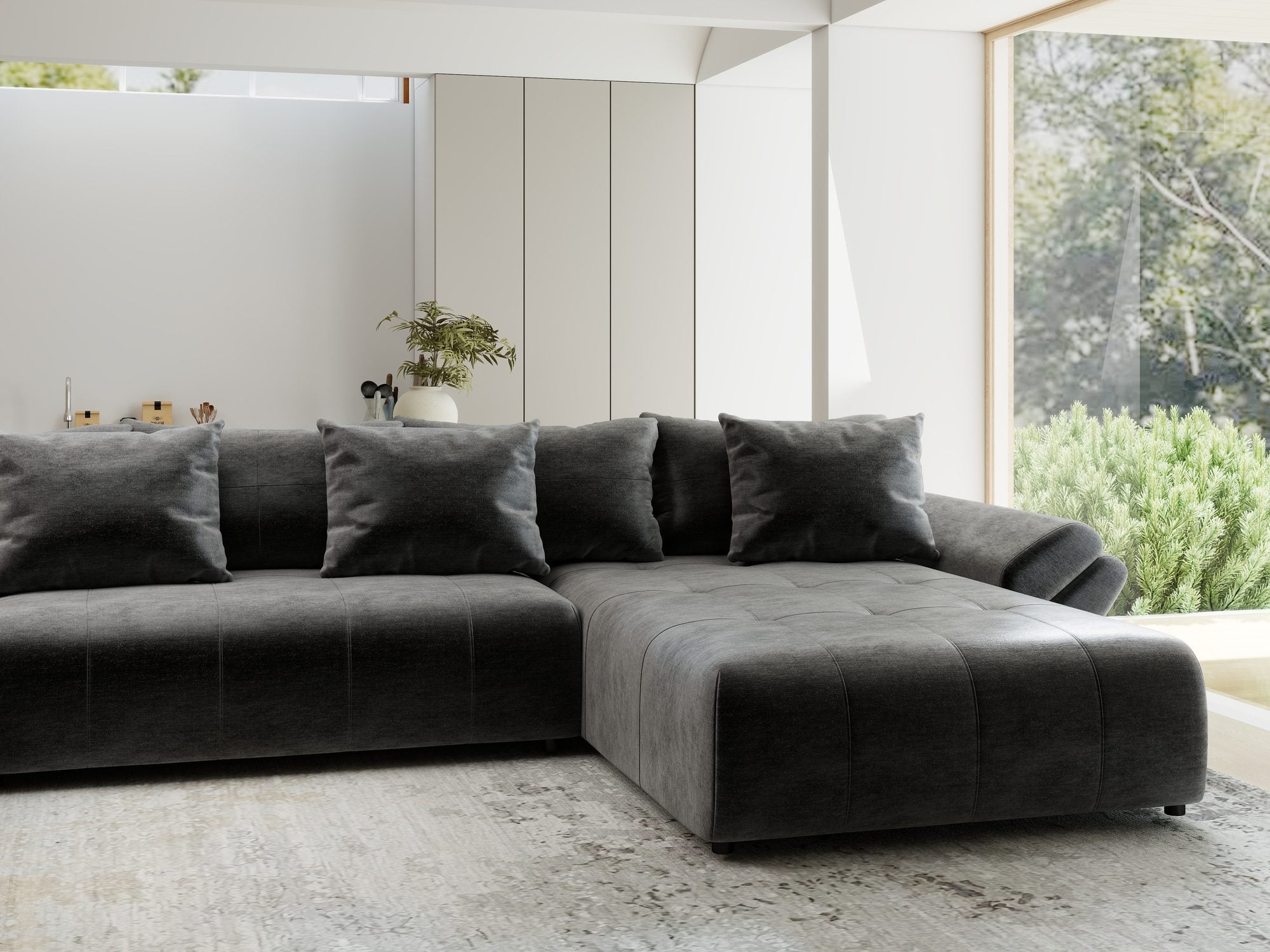 Colțar extensibil dumonde cu ladă de depozitare si sezut confortabil din spuma high-density, Berlin U Monolith Gri Antracit 97 380x180 cm