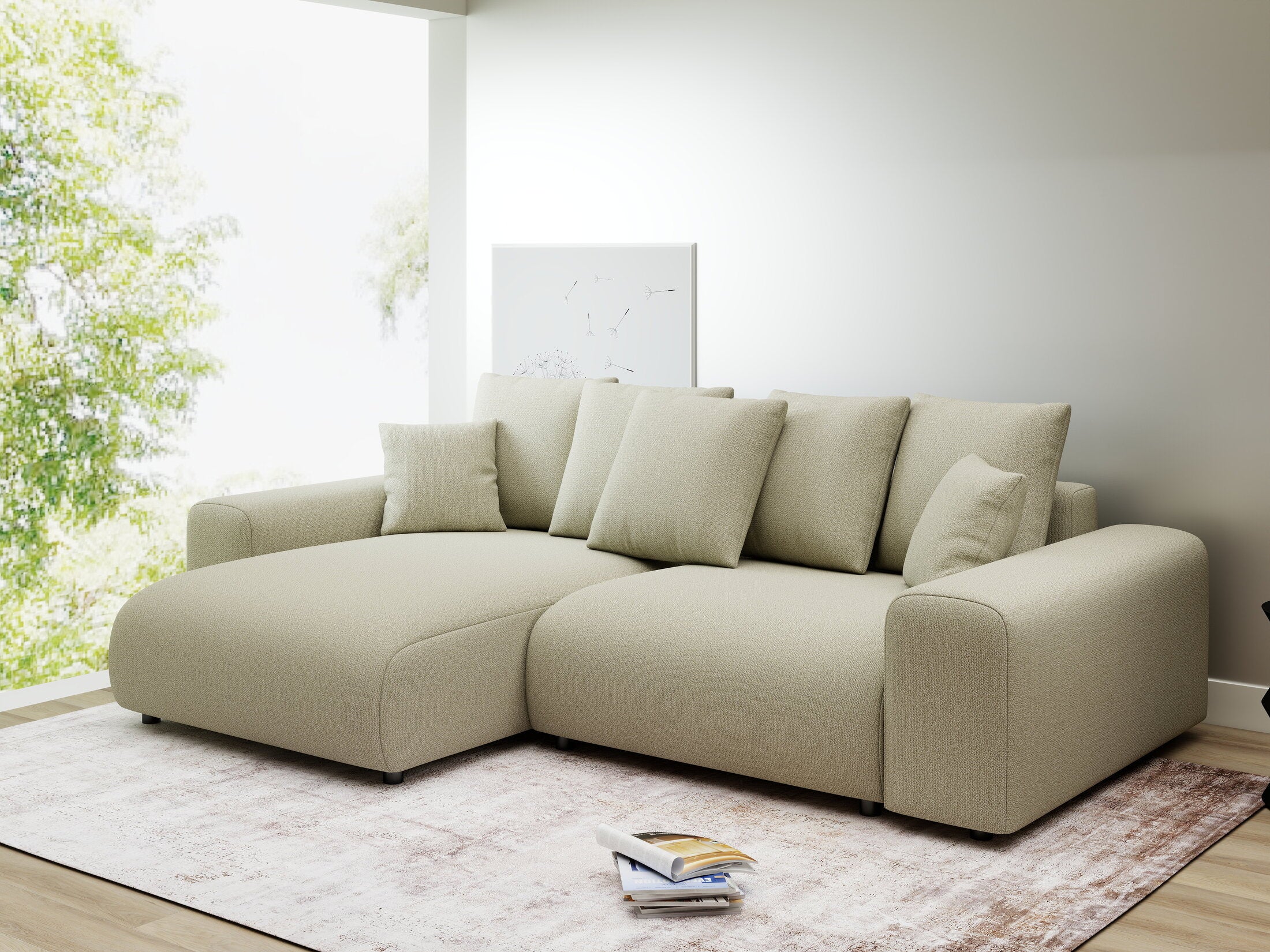 Colțar extensibil dumonde cu ladă de depozitare și șezut confortabil din spumă HR, Luma Enjoy Bej 255x168 cm