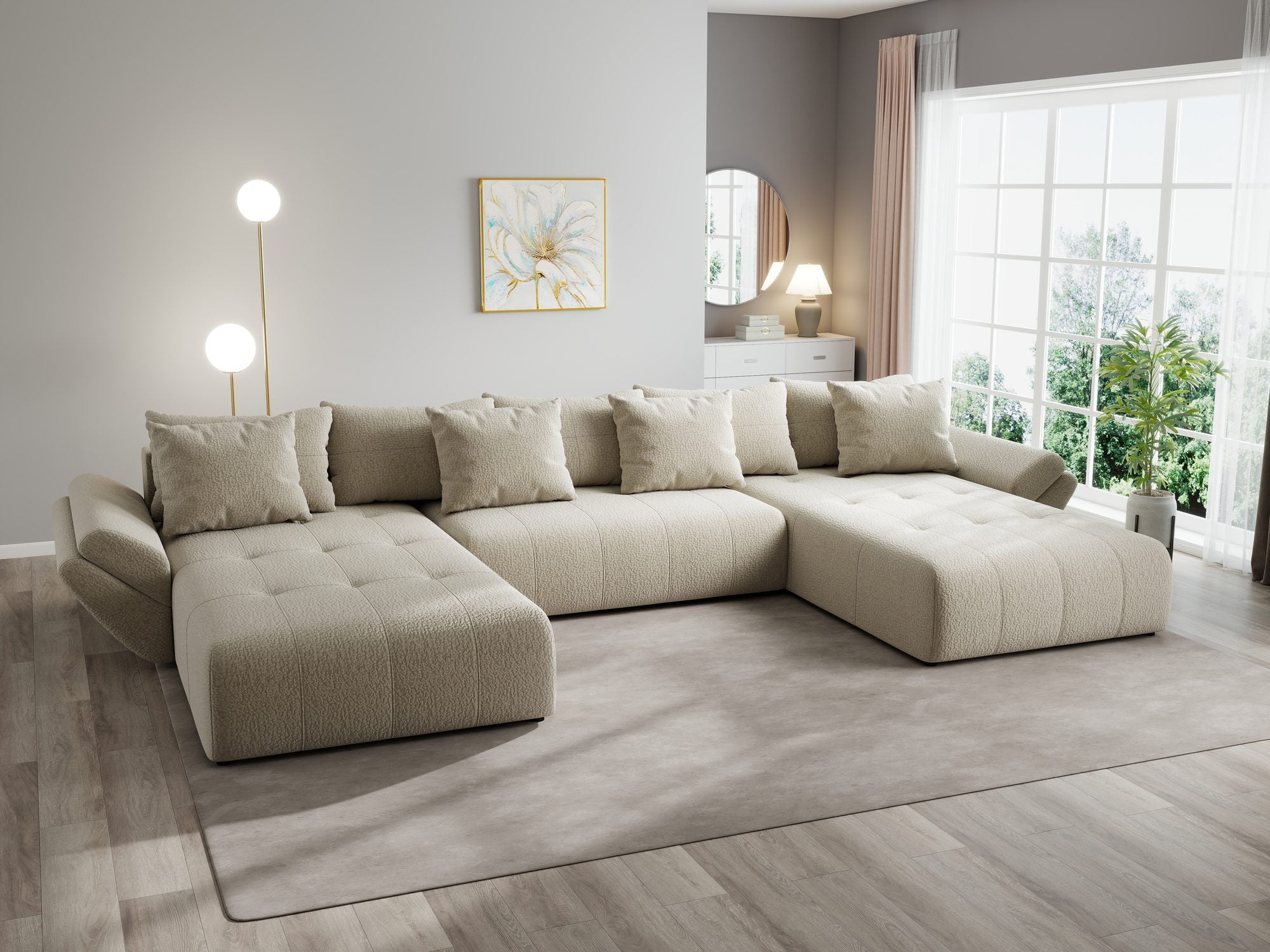 Colțar extensibil dumonde cu ladă de depozitare si sezut confortabil din spuma high-density, Berlin U Jaguar Bej 4 380x180 cm