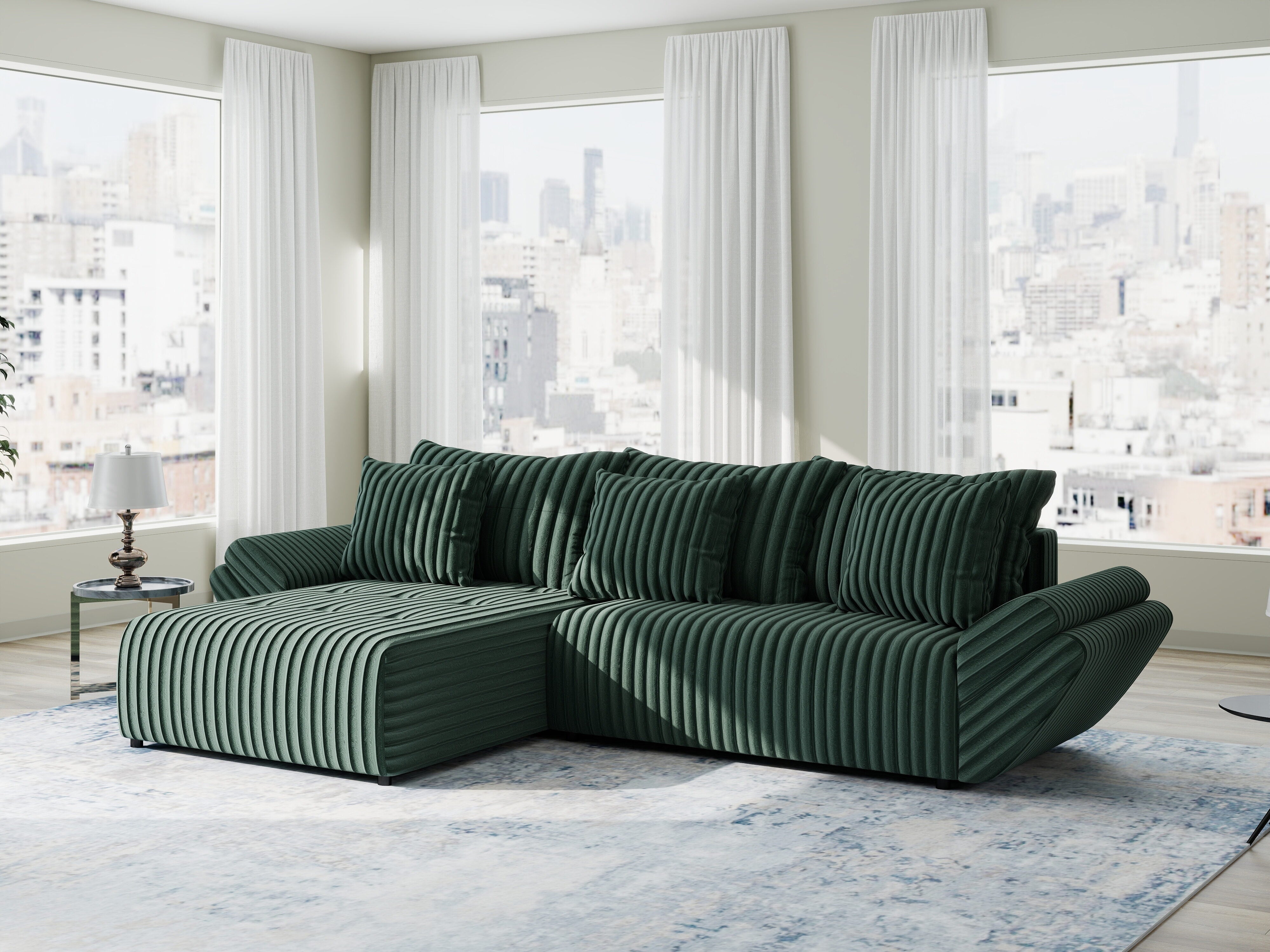 Colțar extensibil dumonde cu ladă de depozitare si sezut confortabil din spuma HR, Berlin Ambience Verde 280x185 cm