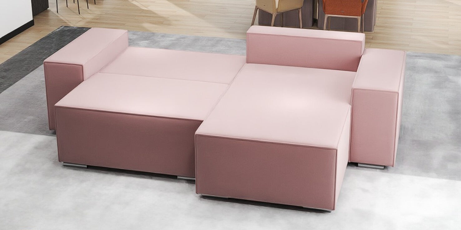 Colțar extensibil dumonde cu ladă de depozitare si sezut confortabil din spuma HR, Dream Royal Roz 290x185 cm II Fabrica