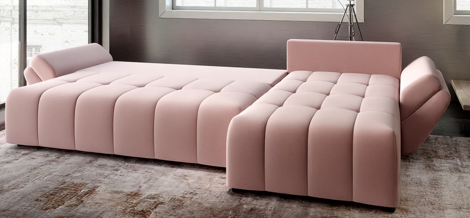 Colțar extensibil dumonde cu ladă de depozitare si sezut confortabil din spuma HR, Berlin XL Royal Roz 350x185 cm II Fabrica