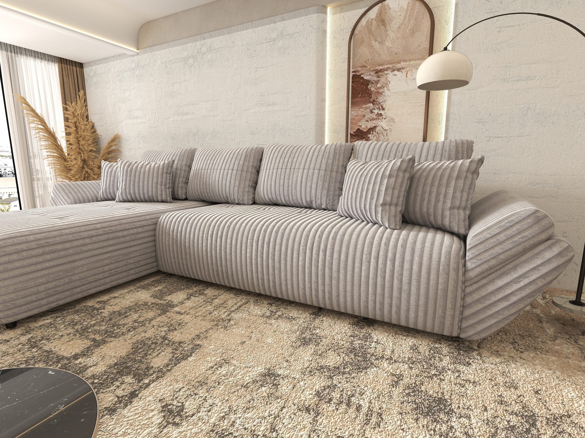 Colțar extensibil dumonde cu ladă de depozitare si sezut confortabil din spuma high-density, Berlin XL Tilia Gri 86 350x185 cm