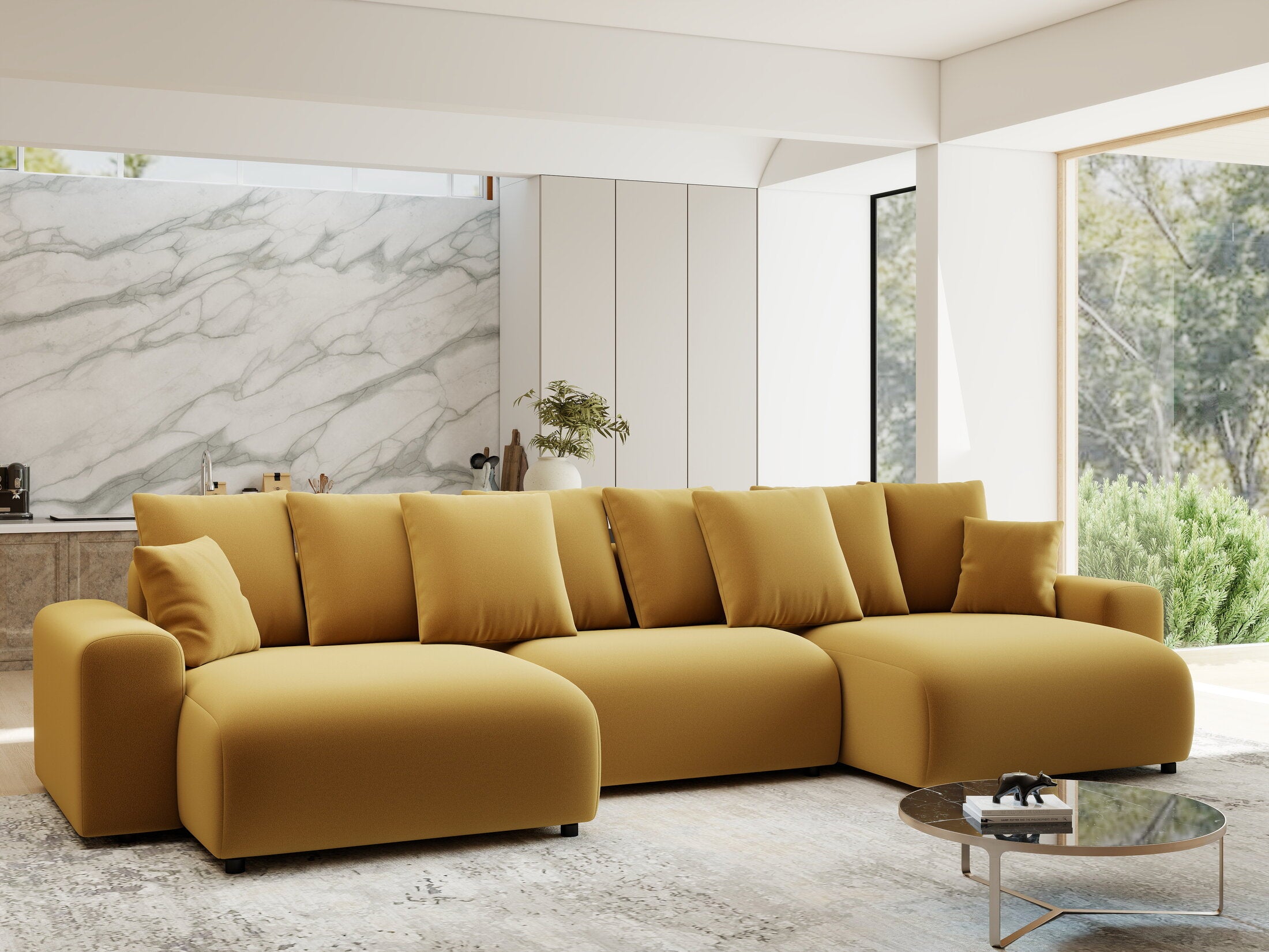 Colțar extensibil dumonde cu ladă de depozitare si sezut confortabil din spuma HR, Luma U Royal Mustar 336x140 cm