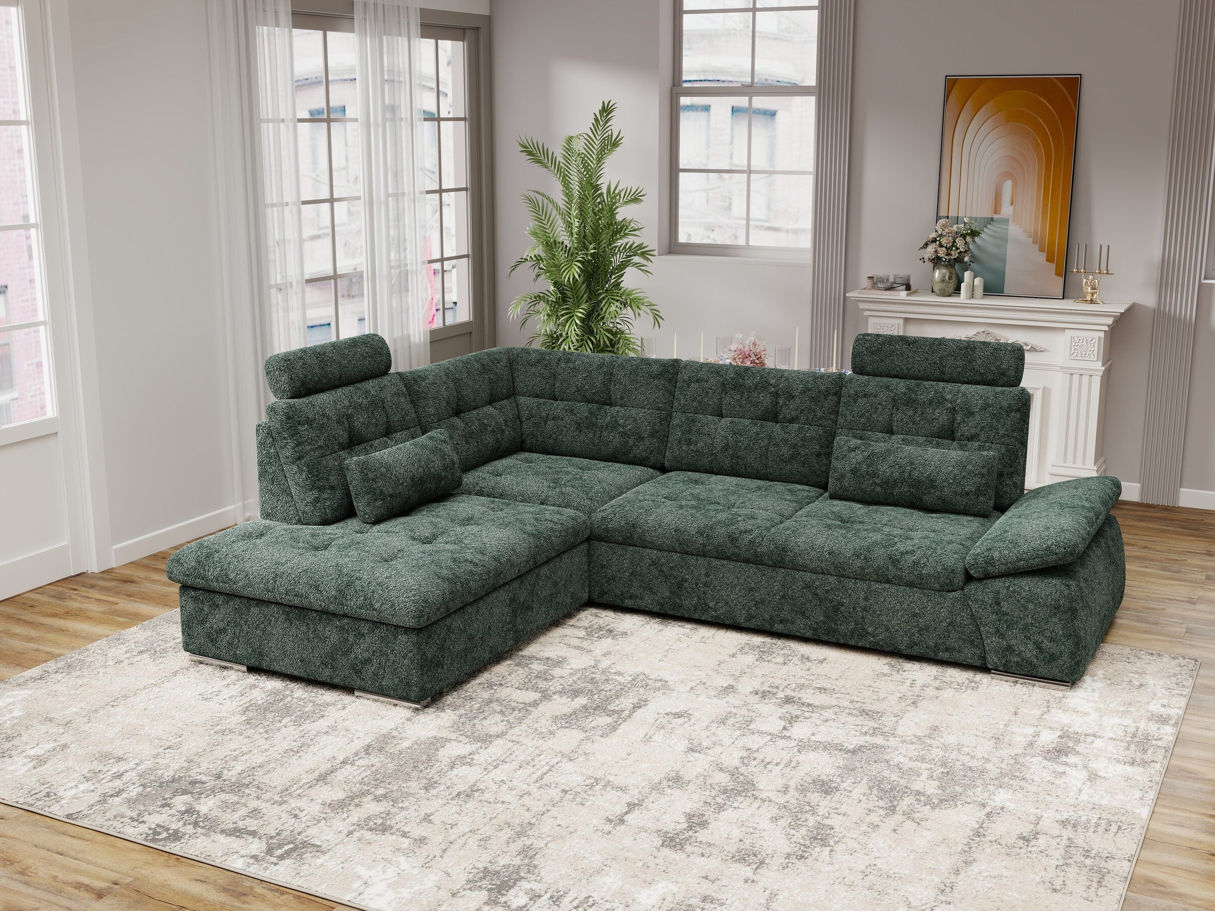 Colțar extensibil dumonde cu ladă de depozitare și șezut confortabil din spumă HR, Merkur XL Euphoria Verde 256x217 cm