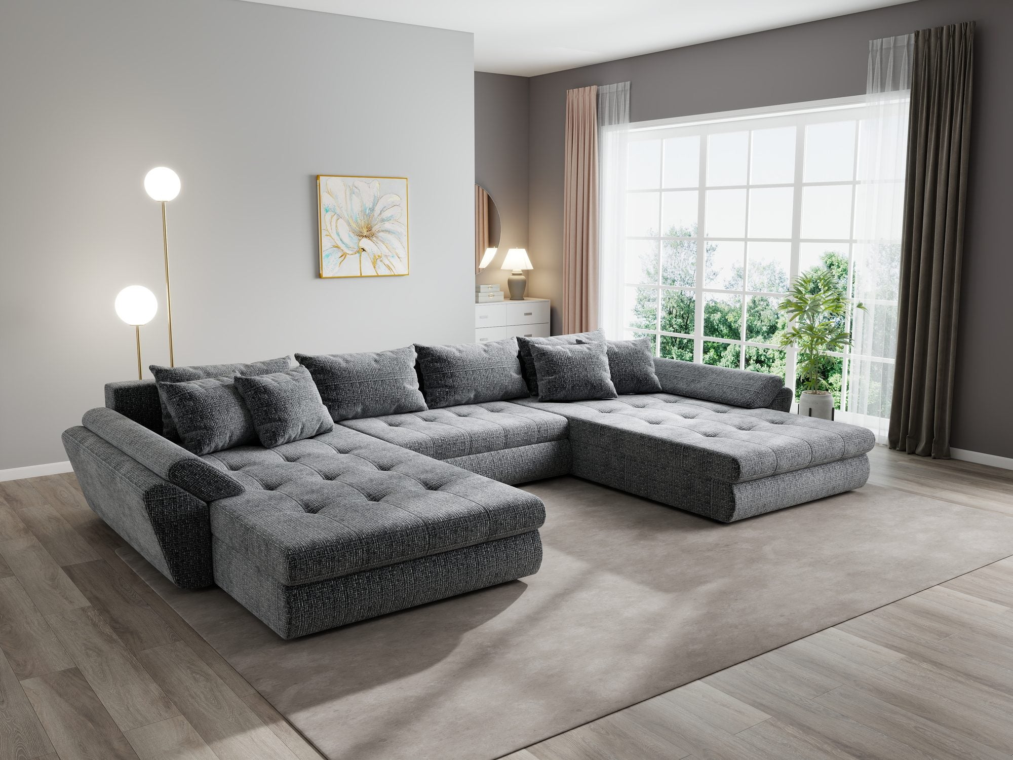 Colțar extensibil dumonde cu ladă de depozitare si sezut confortabil din spuma high-density, Loana U Cremona Gri 95 355x185 cm