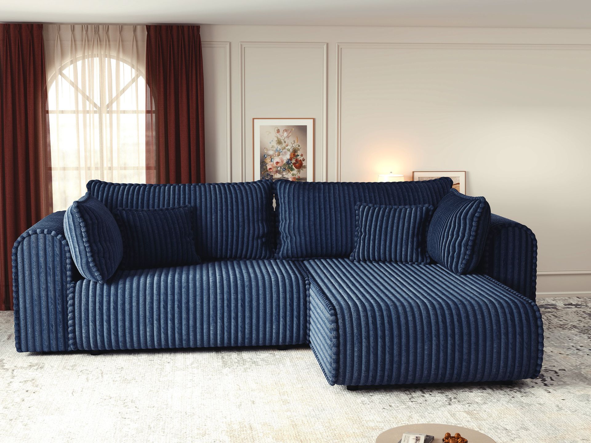 Colțar extensibil dumonde cu ladă de depozitare si sezut confortabil din spuma high-density, Monaco L Tilia Albastru II 270x100 cm