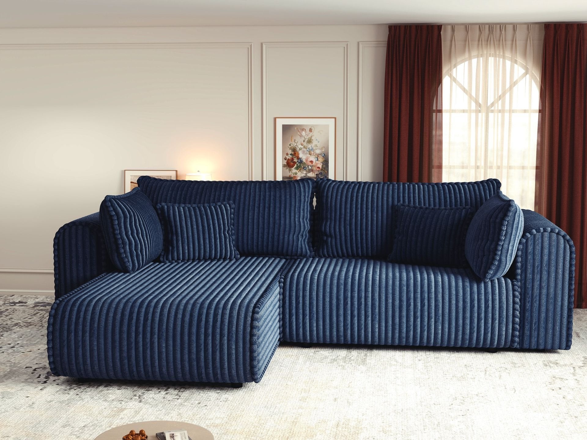Colțar extensibil dumonde cu ladă de depozitare si sezut confortabil din spuma high-density, Monaco L Tilia Albastru 270x100 cm