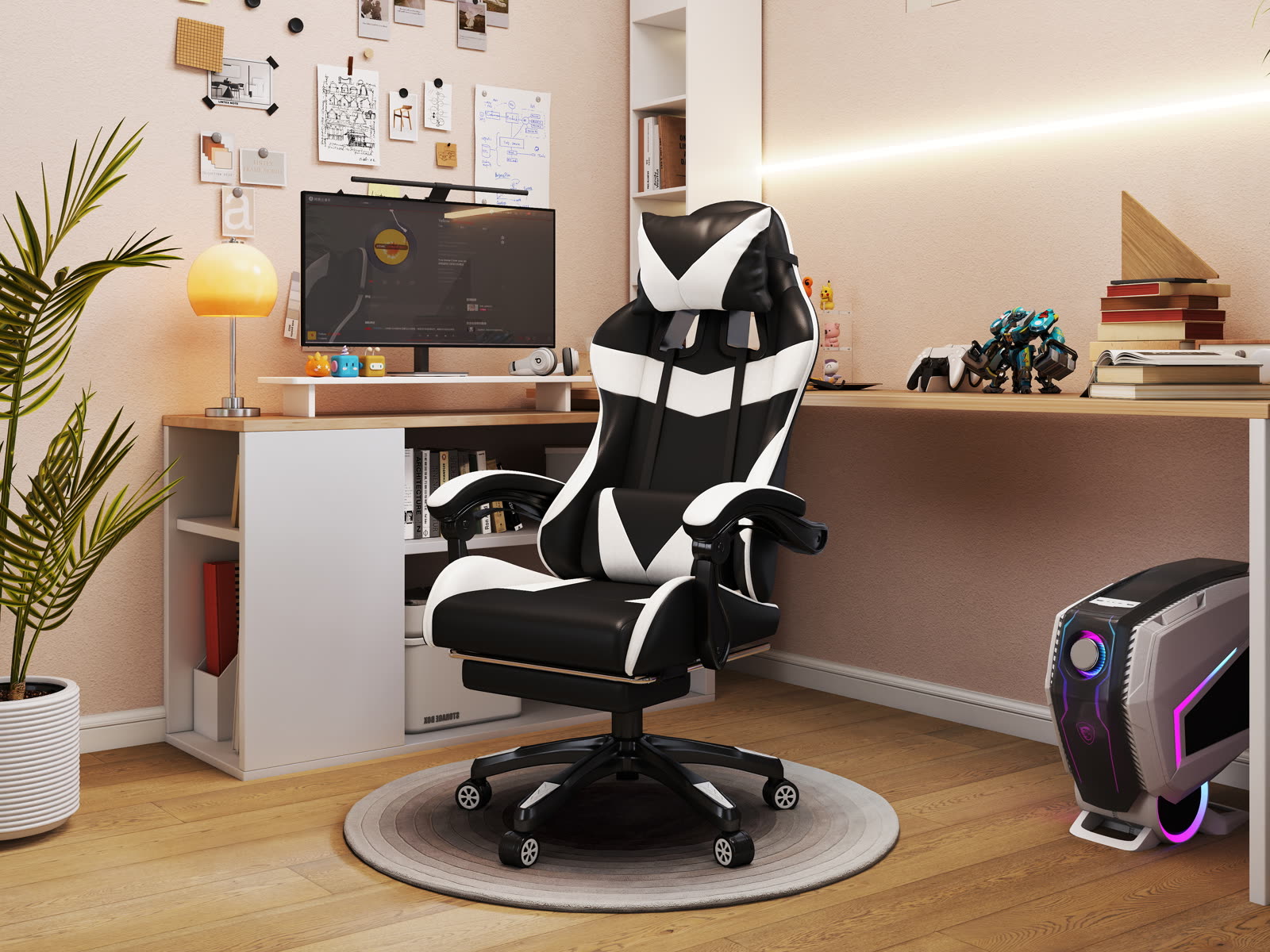 Scaun gaming Dumonde HELLION, mecanism multifuncțional, ecopiele, suport picioare, alb/negru