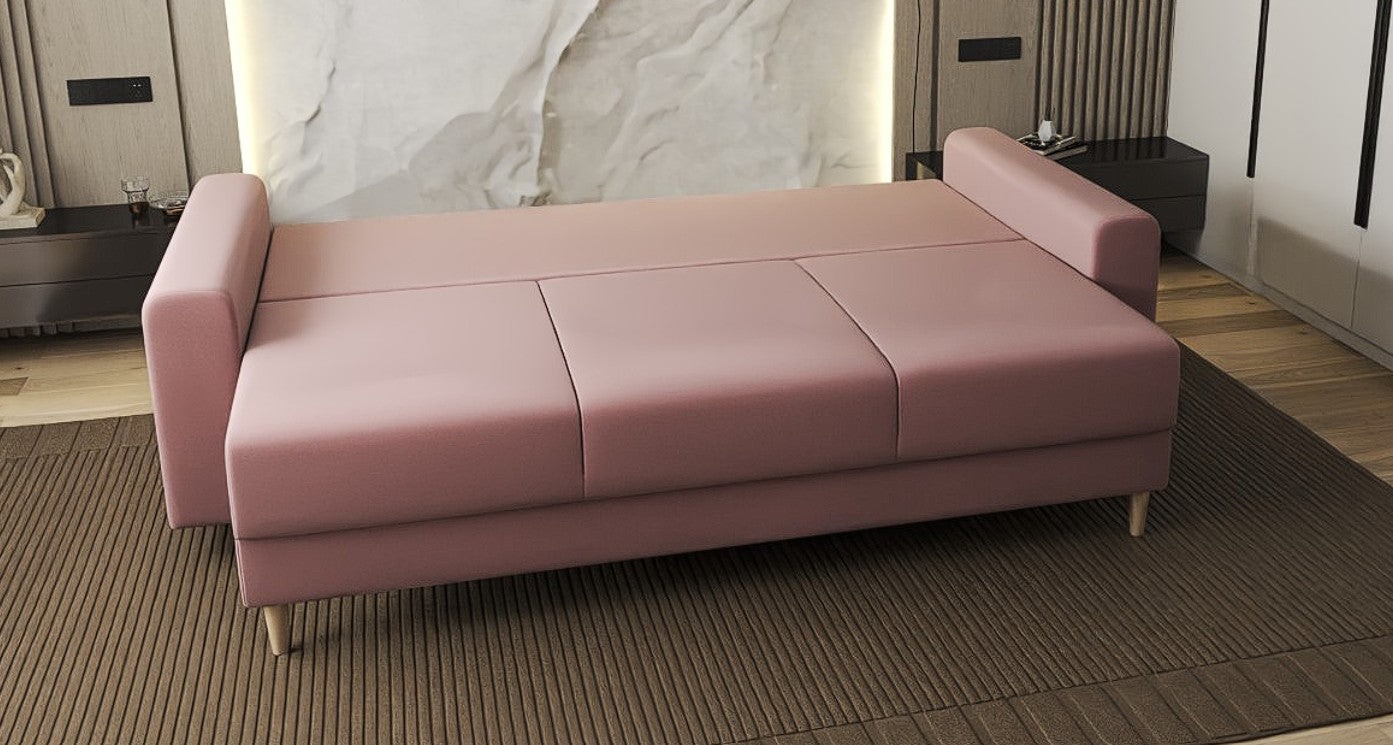 Canapea extensibilă dumonde cu ladă de depozitare si sezut confortabil din spuma HR, Kronos Royal Roz 210x100 cm fabrica