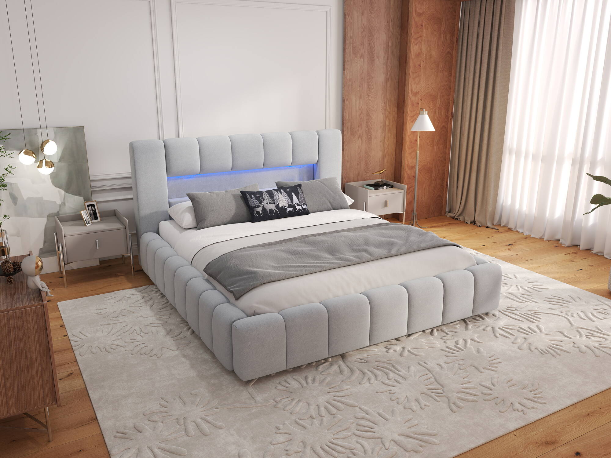 Pat dormitor dumonde, tapitat bej, Palermo 180X200 cm, somiera rabatabila inclusa, spatiu depozitare