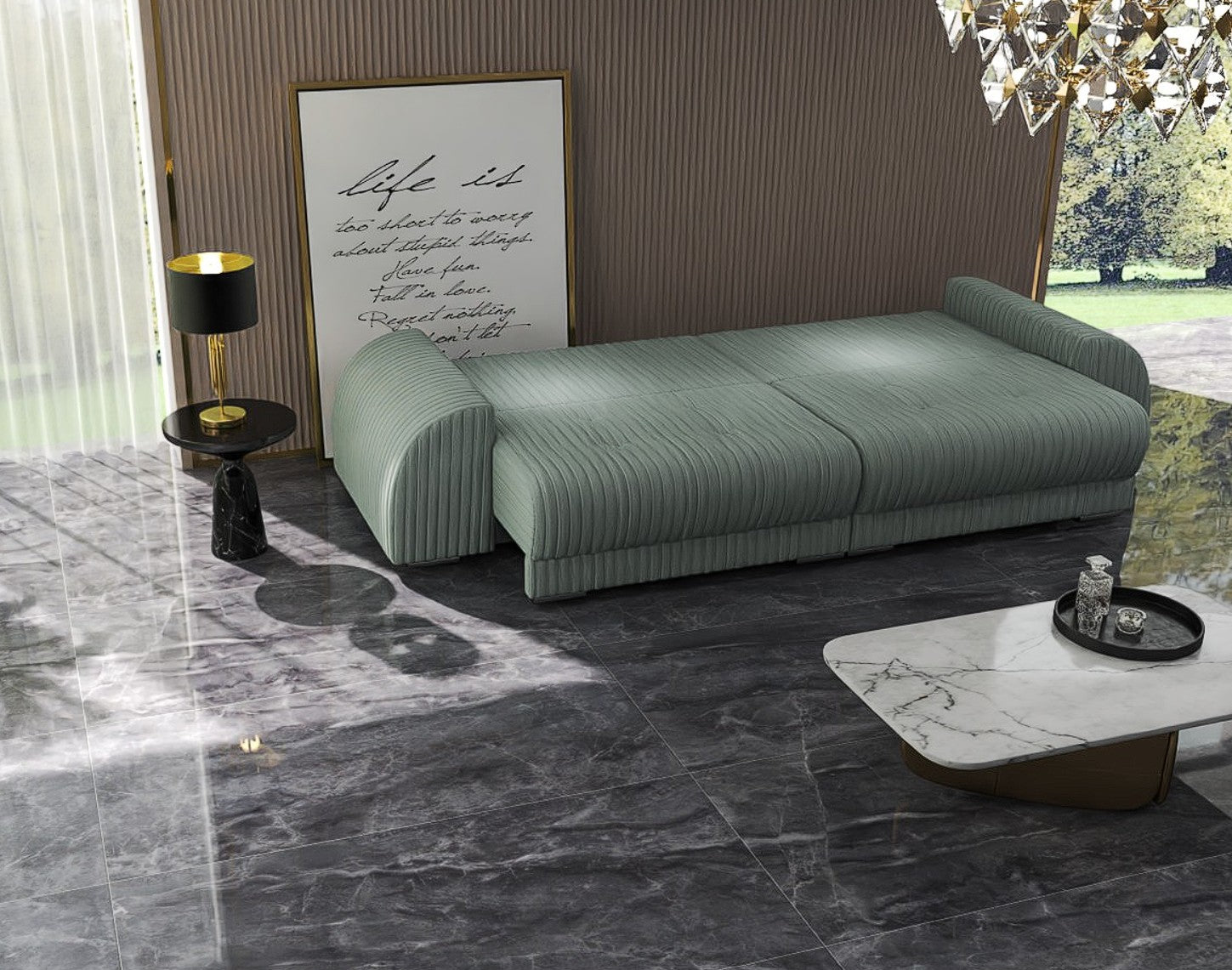 Canapea extensibilă dumonde cu 2 lăzi de depozitare si sezut confortabil din spuma HR, Verona Ambience Sage 310x100 cm Fabrica