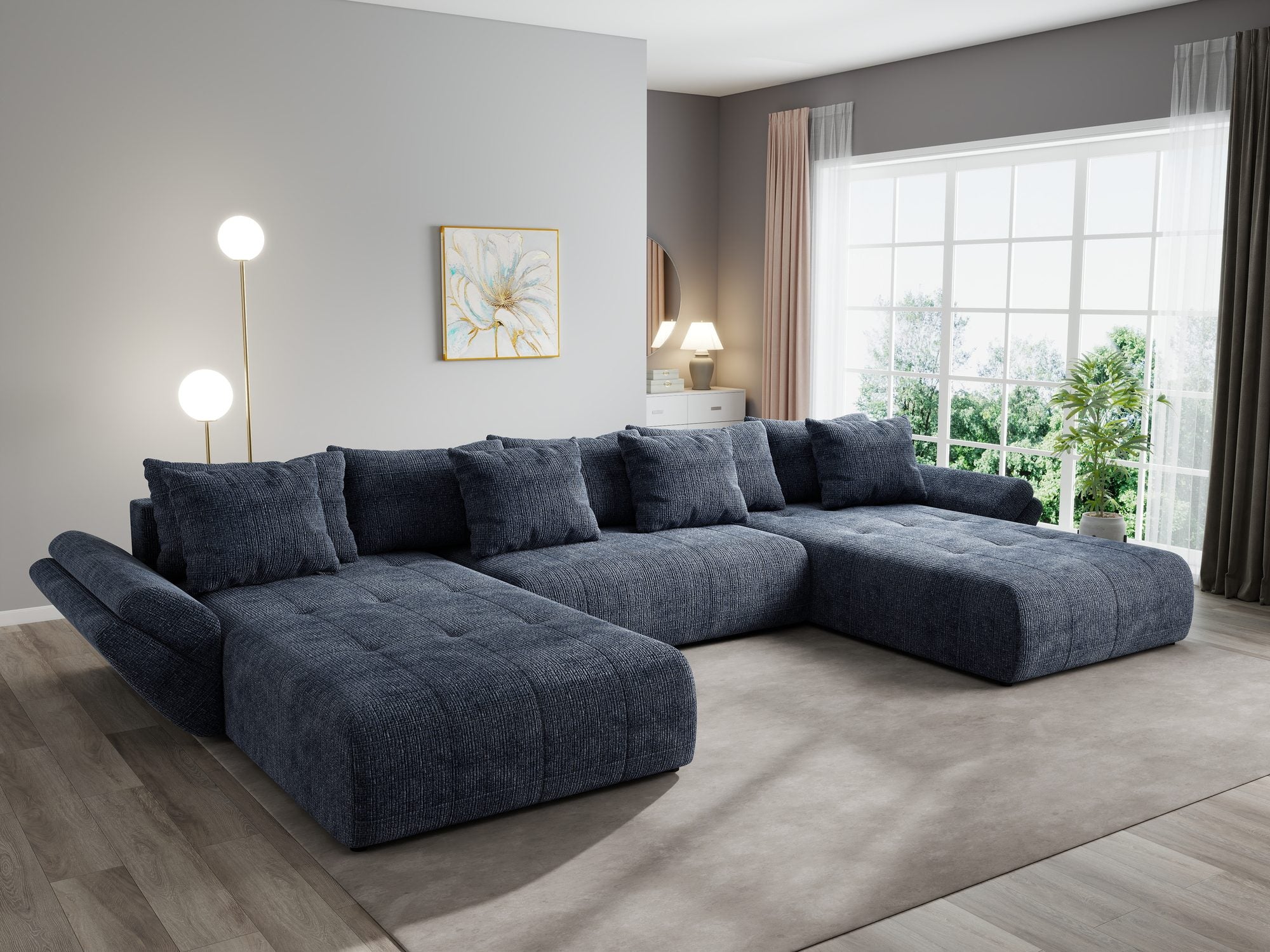 Colțar extensibil dumonde cu ladă de depozitare si sezut confortabil din spuma high-density, Berlin U Cremona Albastru 79 380x180 cm