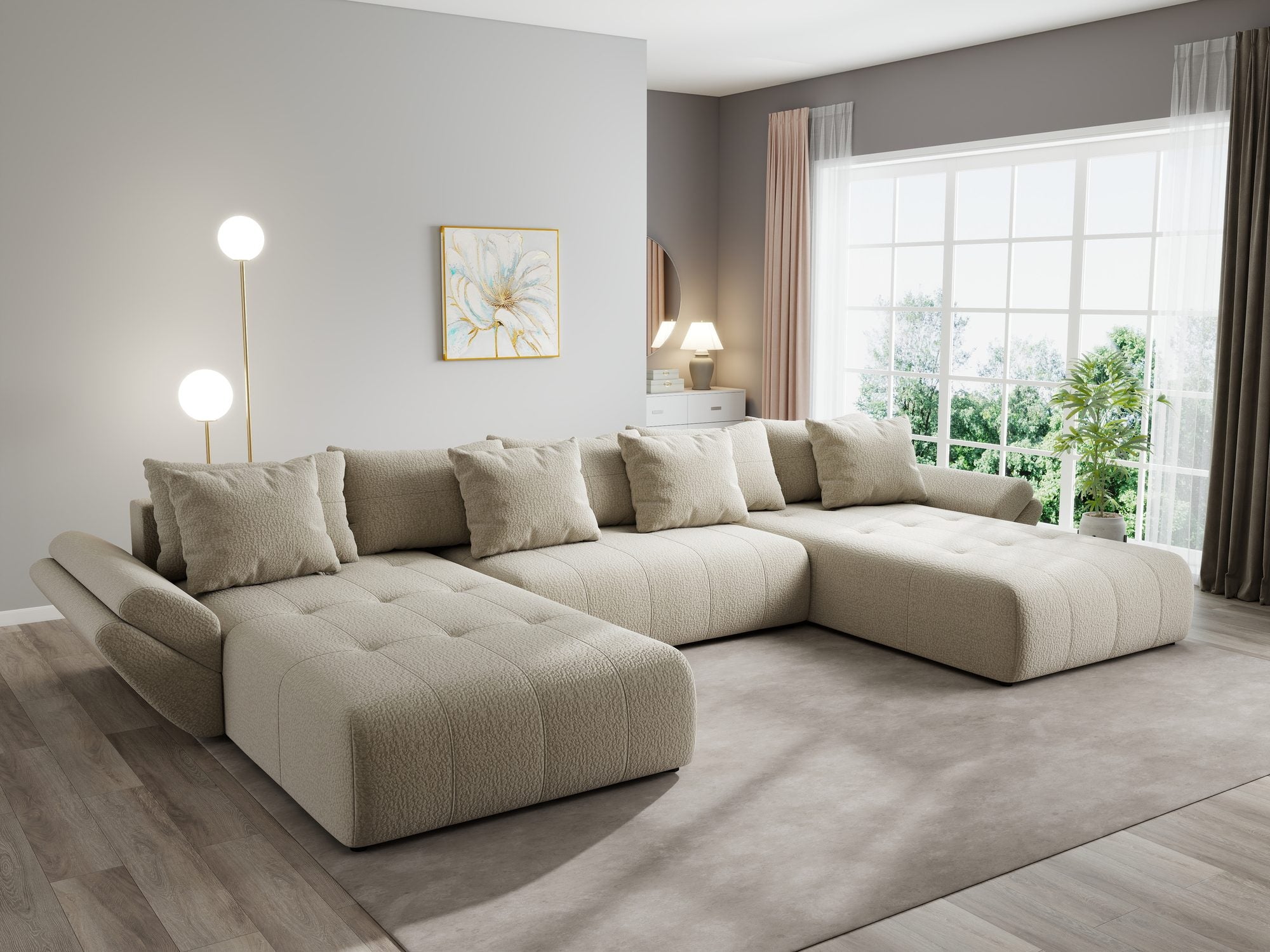 Colțar extensibil dumonde cu ladă de depozitare si sezut confortabil din spuma high-density, Berlin U Jaguar Bej 4 380x180 cm