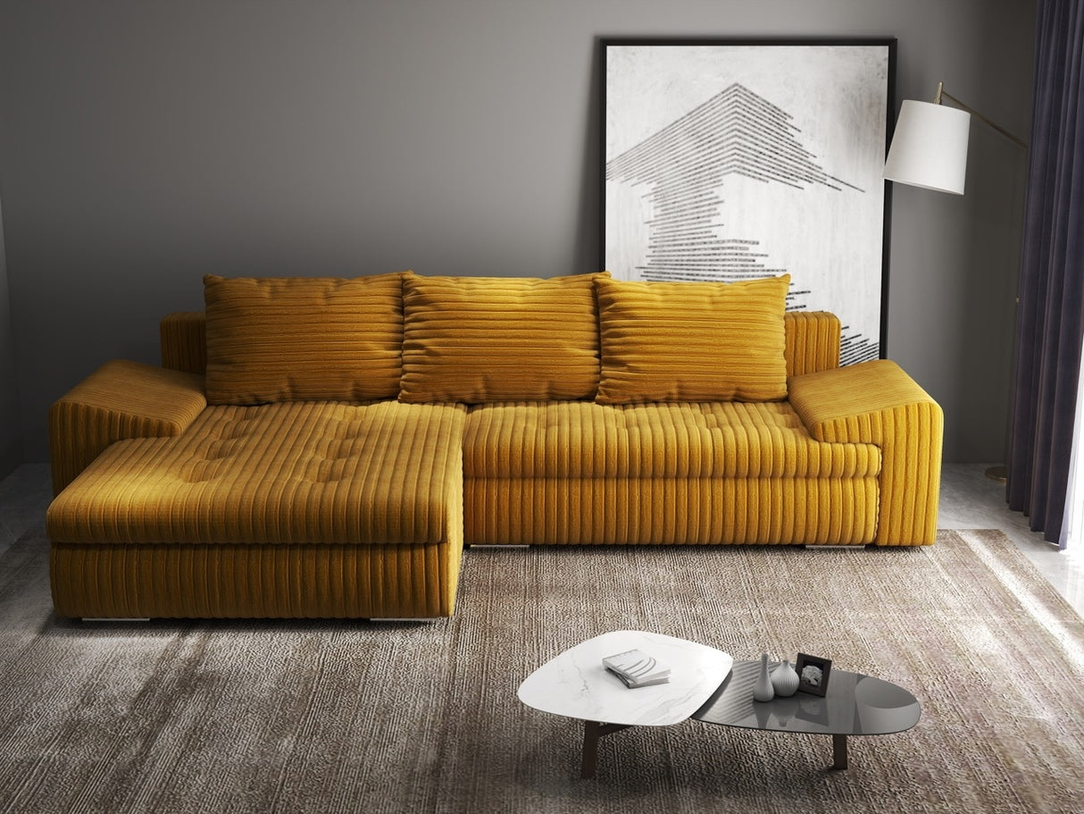Colțar extensibil dumonde cu ladă de depozitare si sezut confortabil din spuma HR, Leonardo Ambience Mustar 255x193 cm