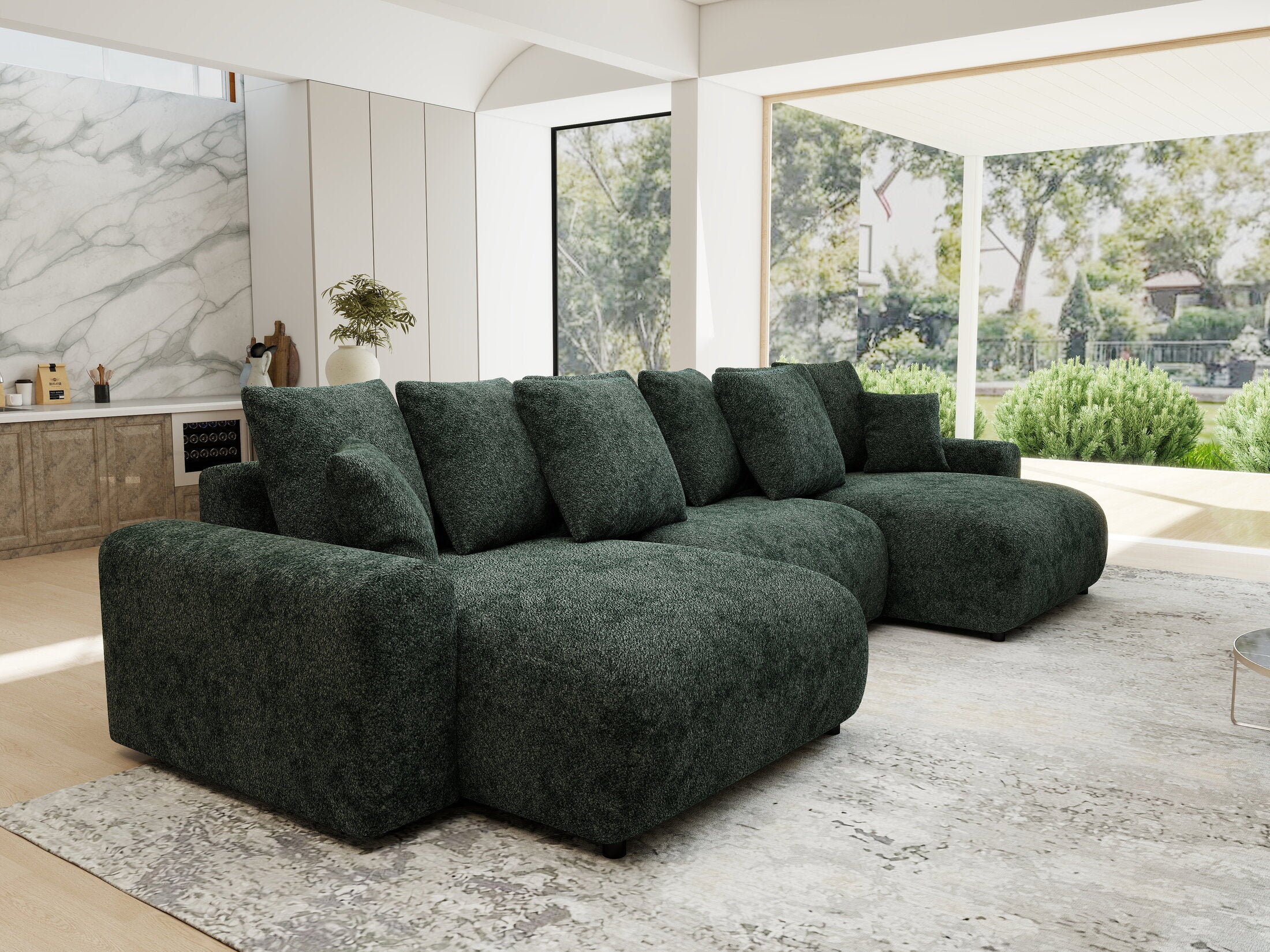 Colțar extensibil dumonde cu ladă de depozitare si sezut confortabil din spuma HR, Luma U Euphoria Verde 336x140 cm