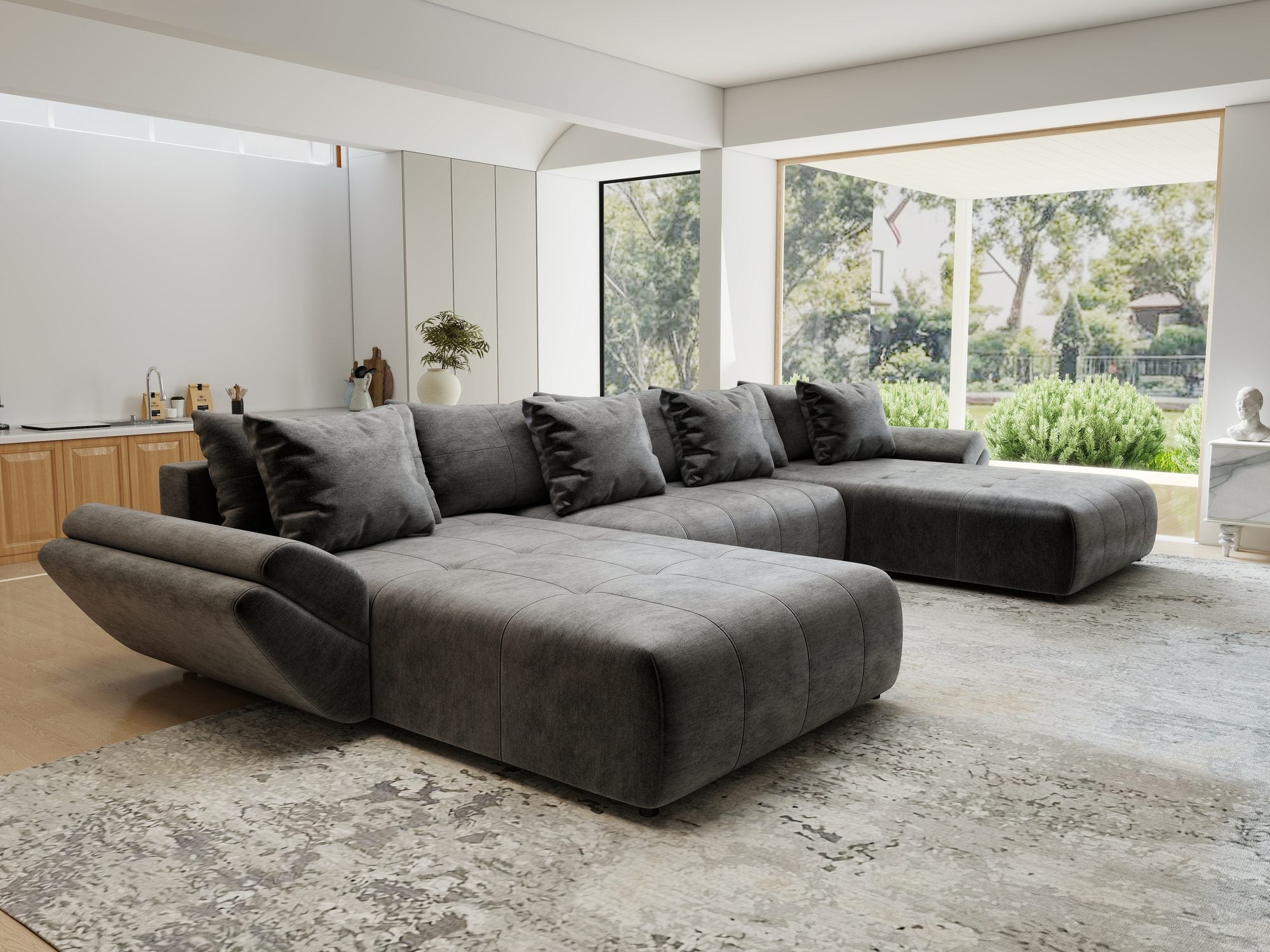 Colțar extensibil dumonde cu ladă de depozitare si sezut confortabil din spuma high-density, Berlin U Monolith Gri Antracit 97 380x180 cm