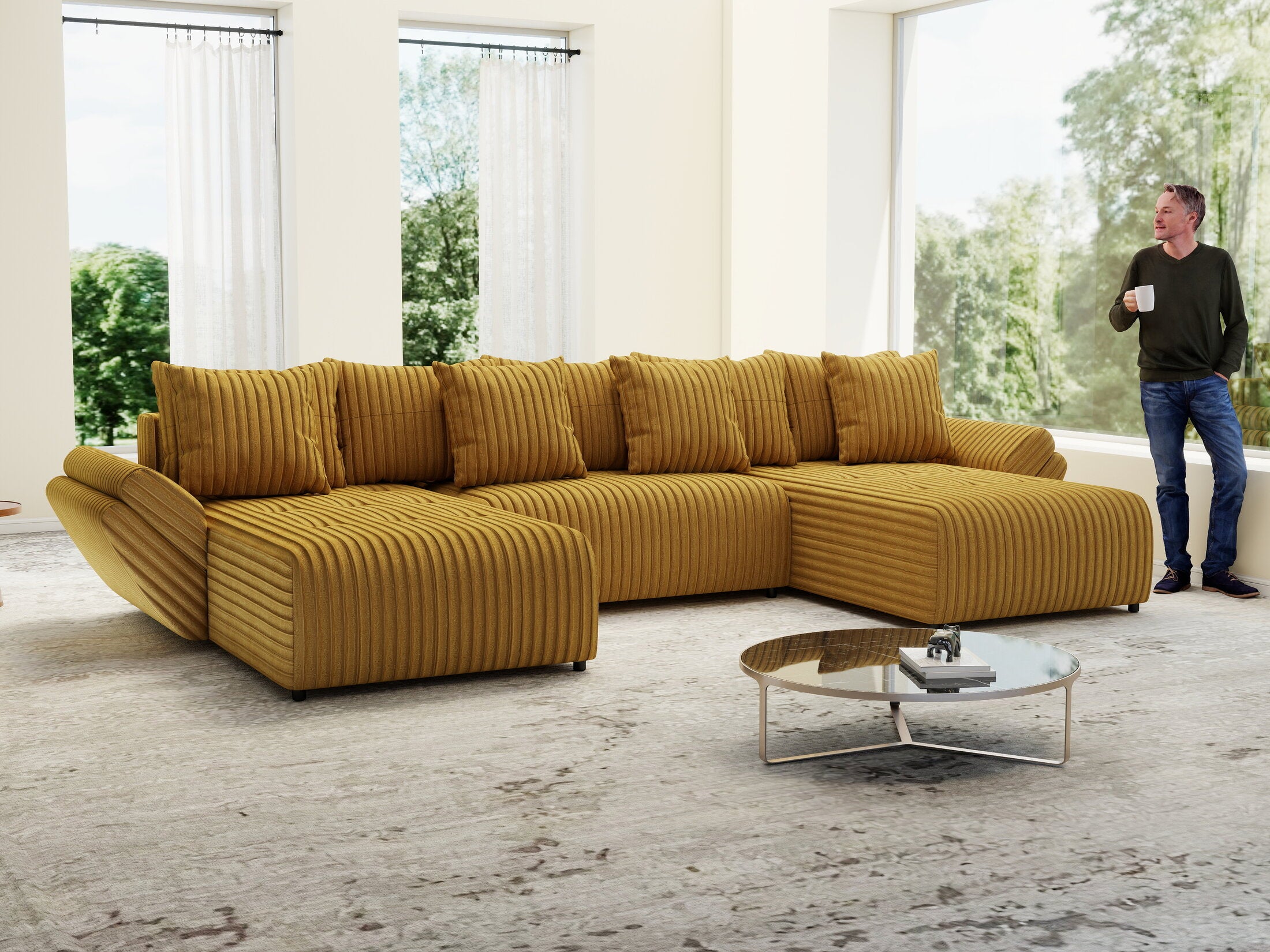 Colțar extensibil dumonde cu ladă de depozitare Berlin U Ambiance Mustar 400x185 cm