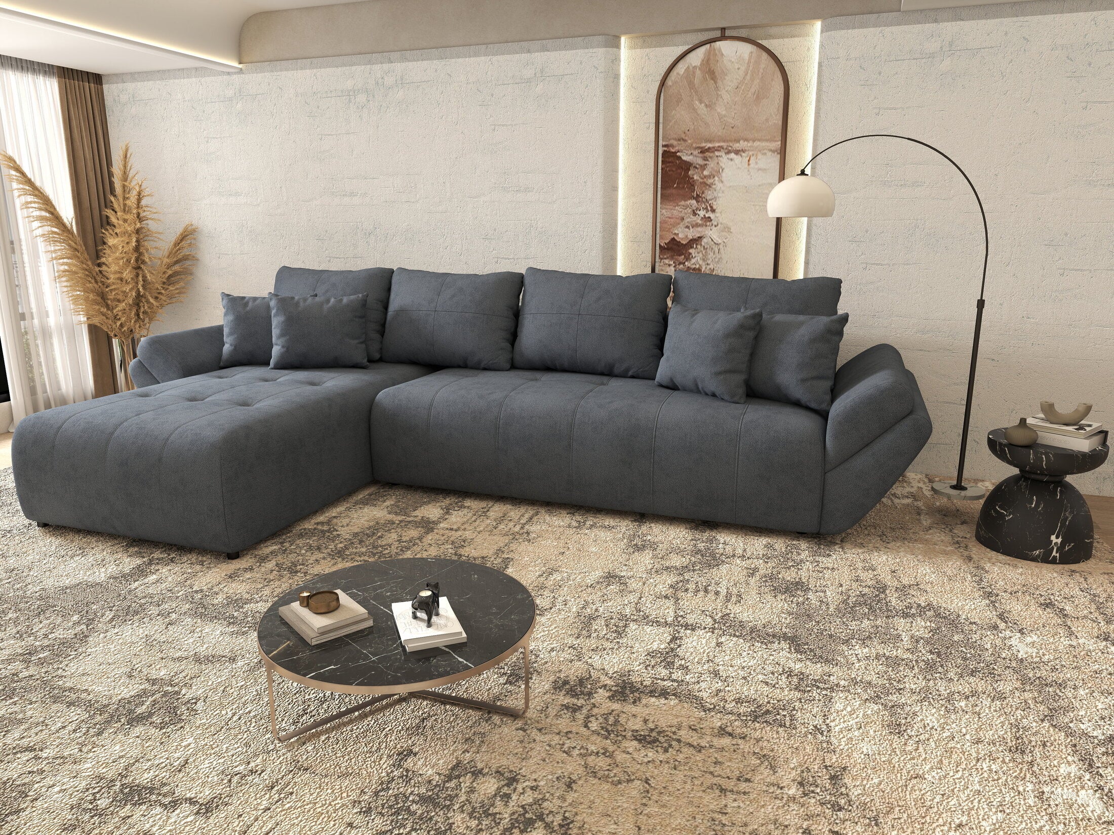 Colțar extensibil dumonde cu ladă de depozitare si sezut confortabil din spuma HR, Berlin XL Enjoy Antracit 350x185 cm