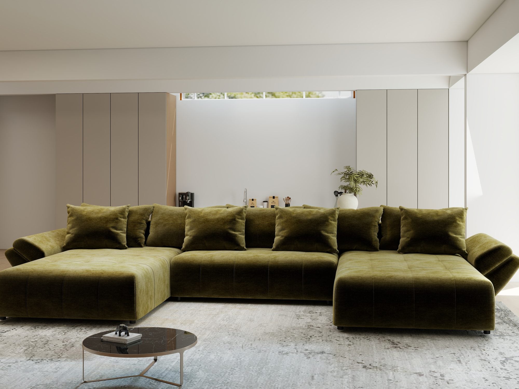 Colțar extensibil dumonde cu ladă de depozitare si sezut confortabil din spuma high-density, Berlin U Monolith Verde Olive 38 380x180 cm