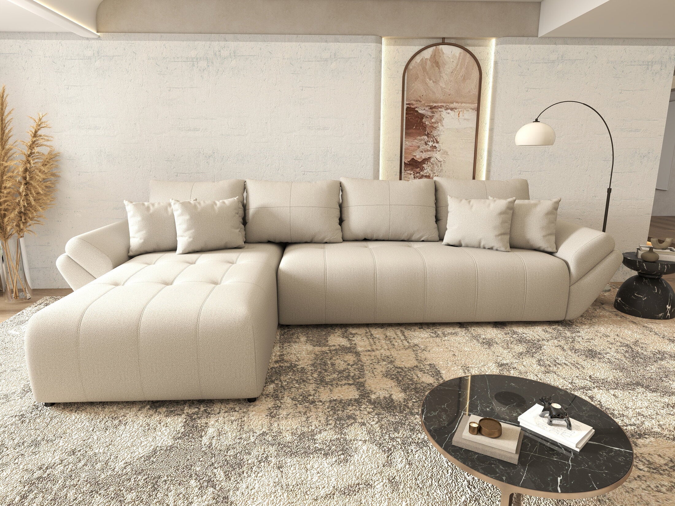 Colțar extensibil dumonde cu ladă de depozitare si sezut confortabil din spuma high-density, Berlin XL Enjoy Beige 350x185 cm