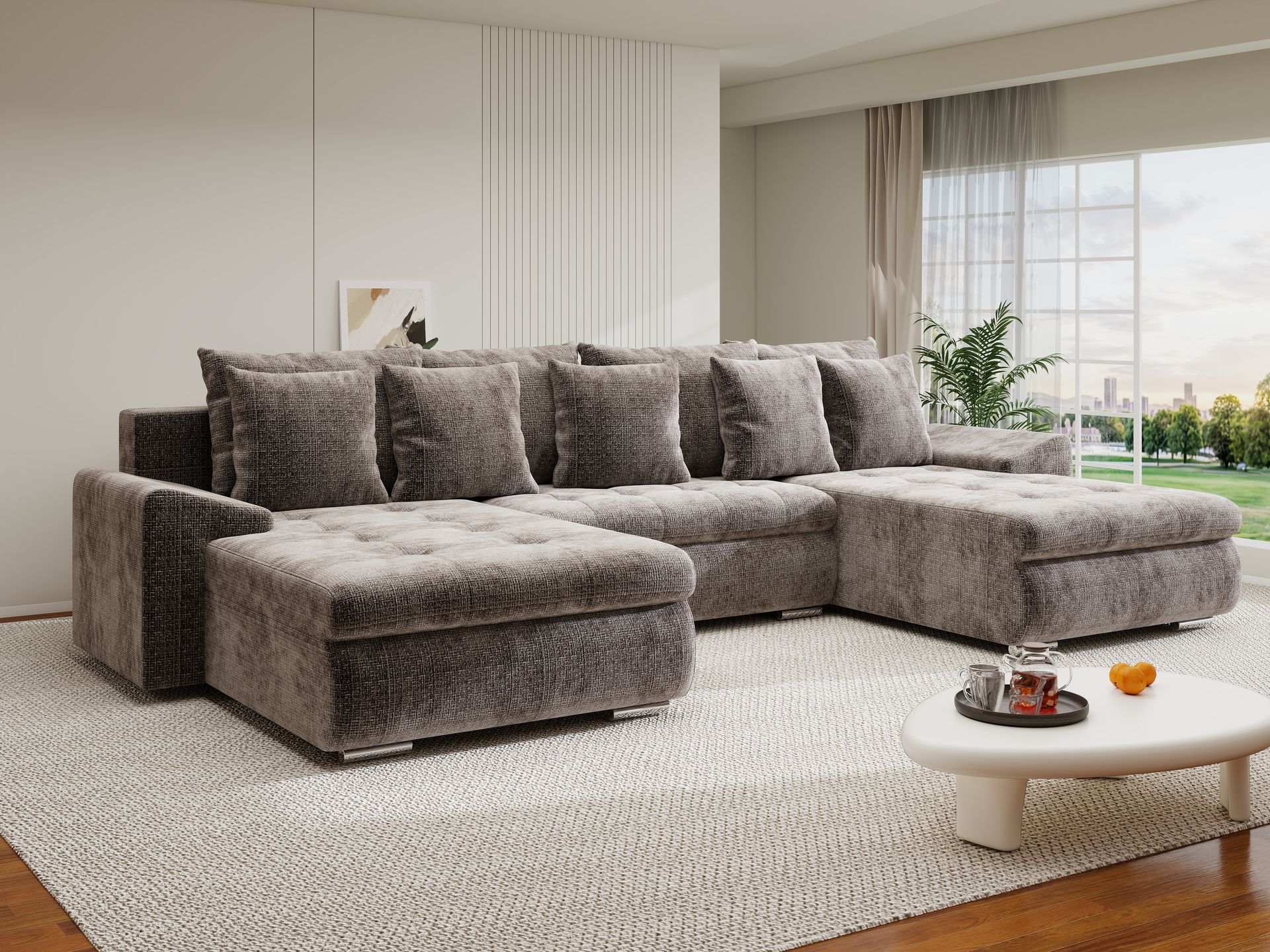 Colțar extensibil dumonde cu ladă de depozitare si sezut confortabil din spuma high-density, Leonardo U Cremona Maro-Bej 24 360x185 cm