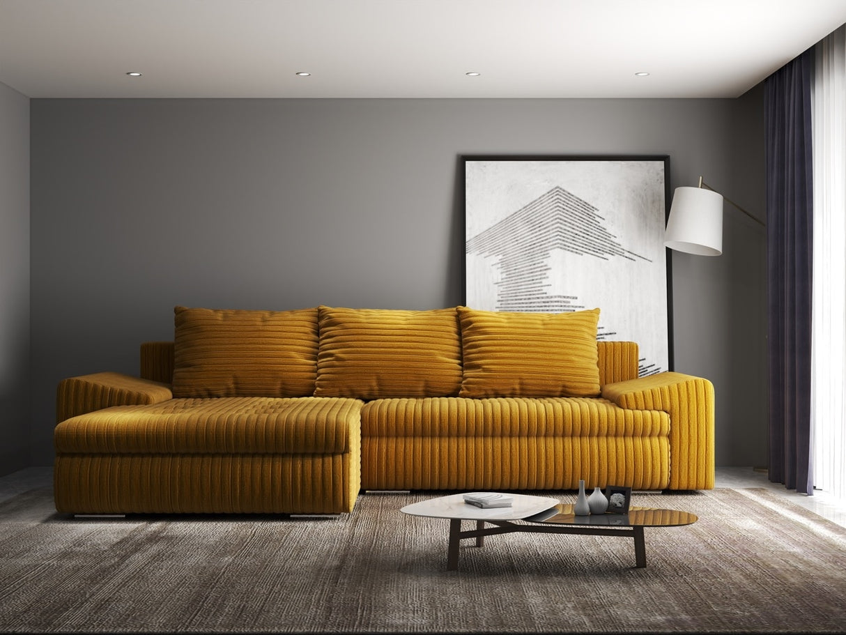Colțar extensibil dumonde cu ladă de depozitare si sezut confortabil din spuma HR, Leonardo Ambience Mustar 255x193 cm