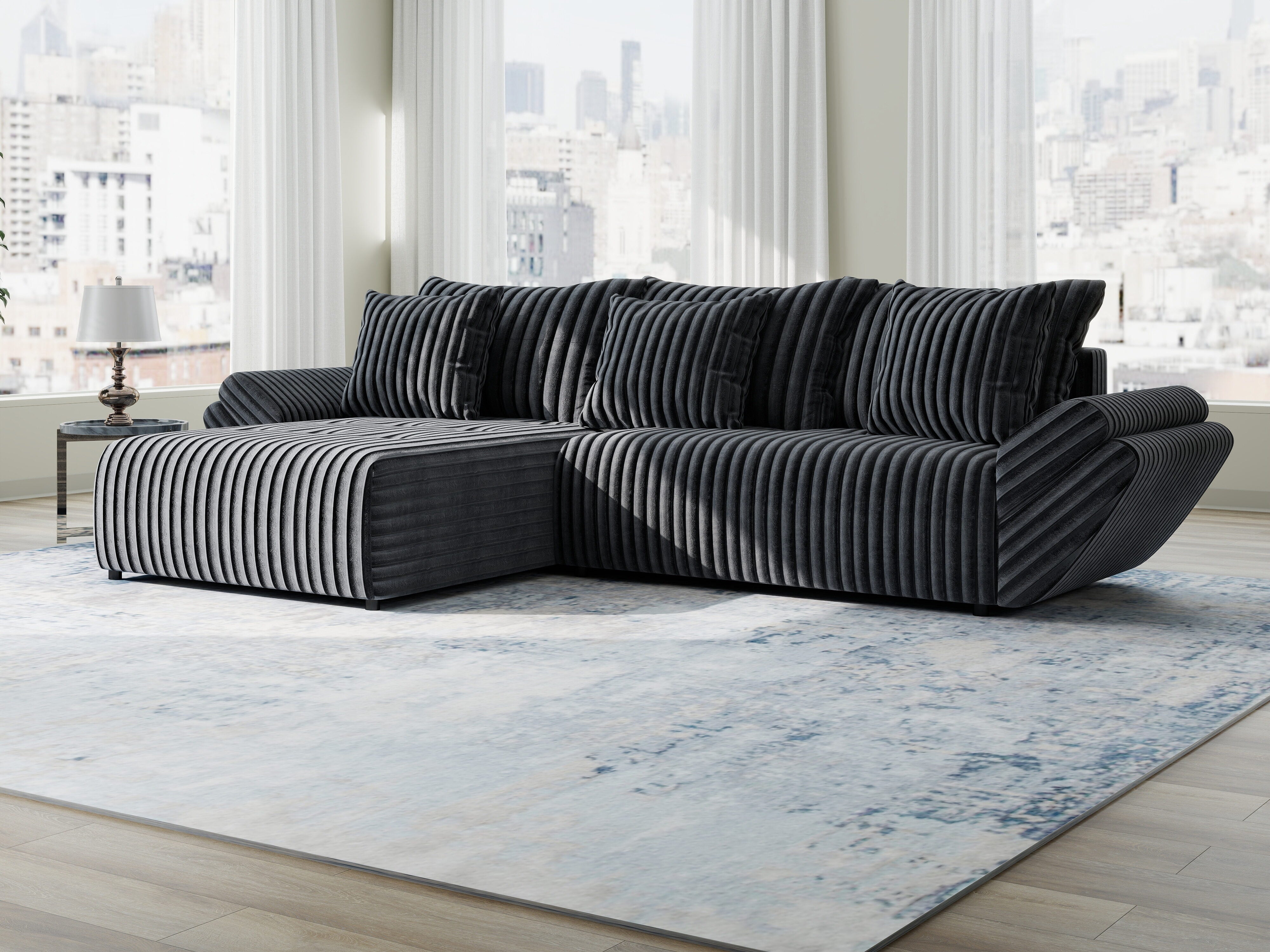 Colțar extensibil dumonde cu ladă de depozitare si sezut confortabil din spuma HR, Berlin Ambience Gri 280x185 cm