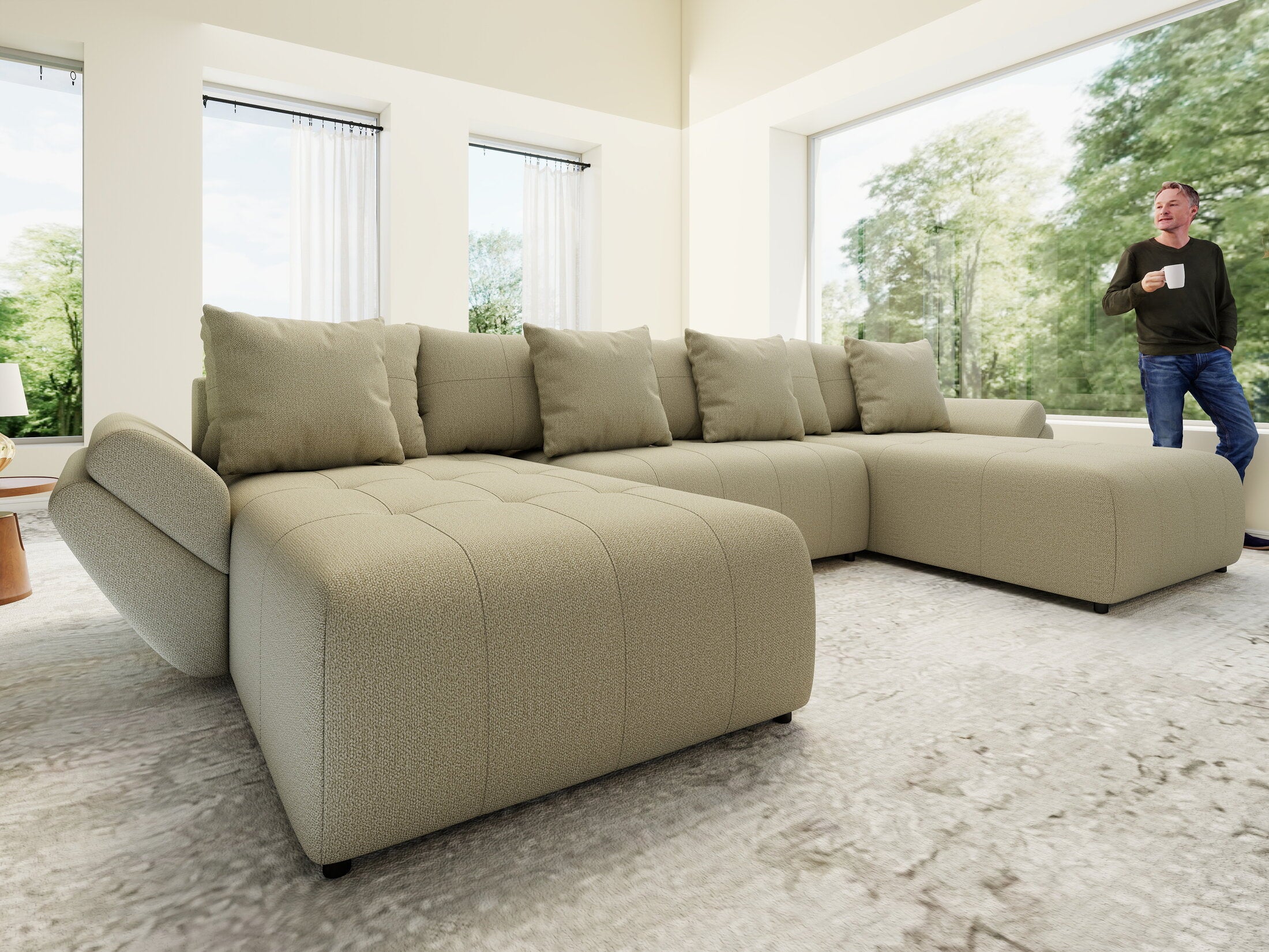 Colțar extensibil dumonde cu ladă de depozitare si sezut confortabil din spuma HR, Berlin U Enjoy Camel 380x180 cm