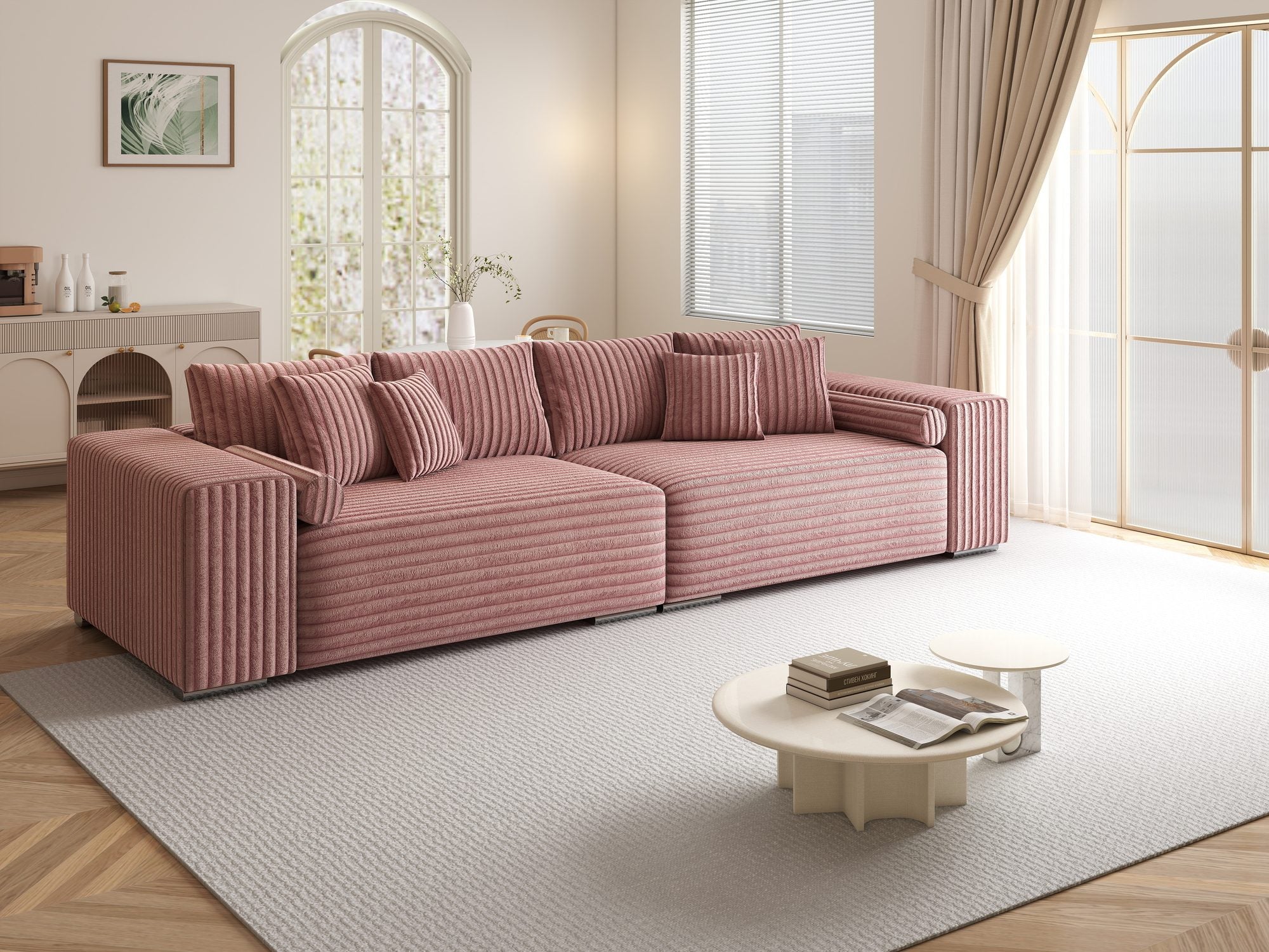 Canapea extensibilă dumonde cu ladă de depozitare si sezut confortabil din spuma high-density, Marbela XXL Tilia Roz Pudrat 62 290x100 cm