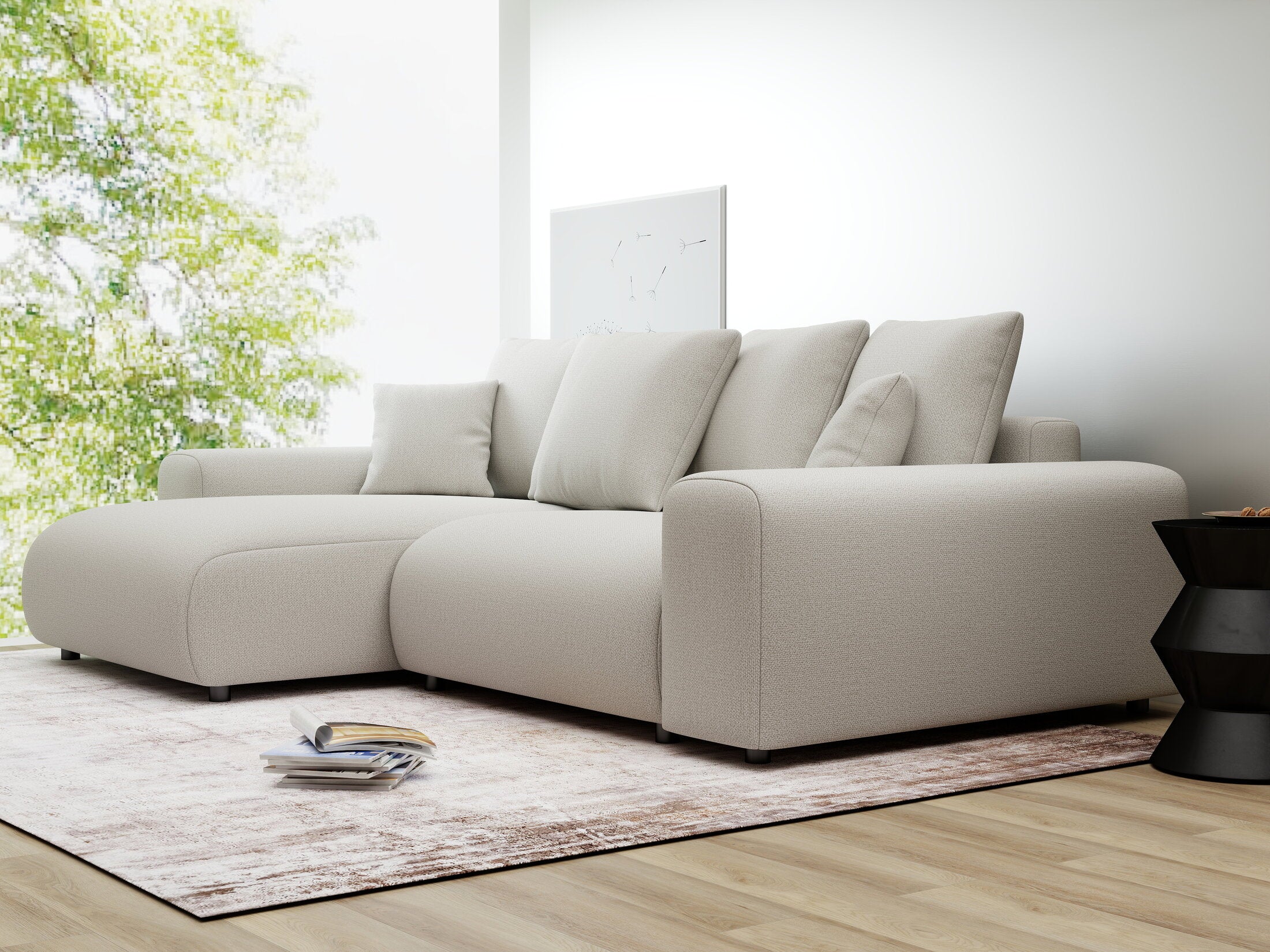 Colțar extensibil dumonde cu ladă de depozitare și șezut confortabil din spumă HR, Luma Enjoy Bej 255x168 cm