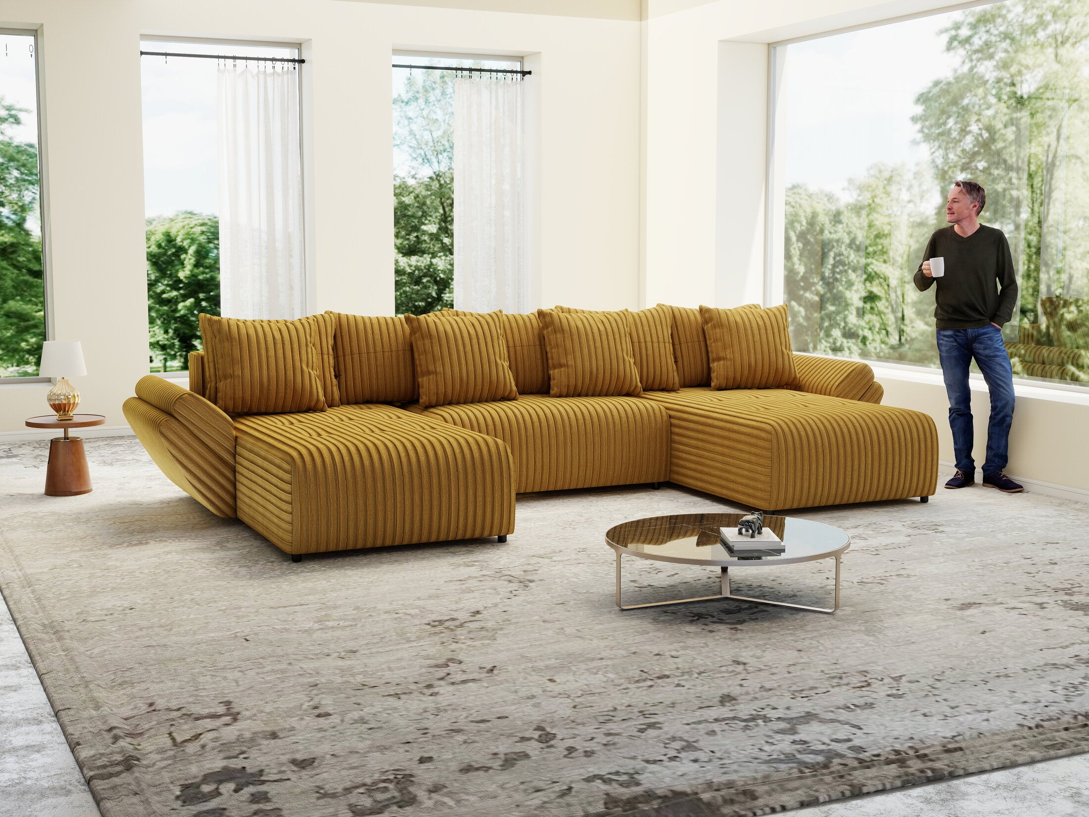 Colțar extensibil dumonde cu ladă de depozitare Berlin U Ambiance Mustar 400x185 cm
