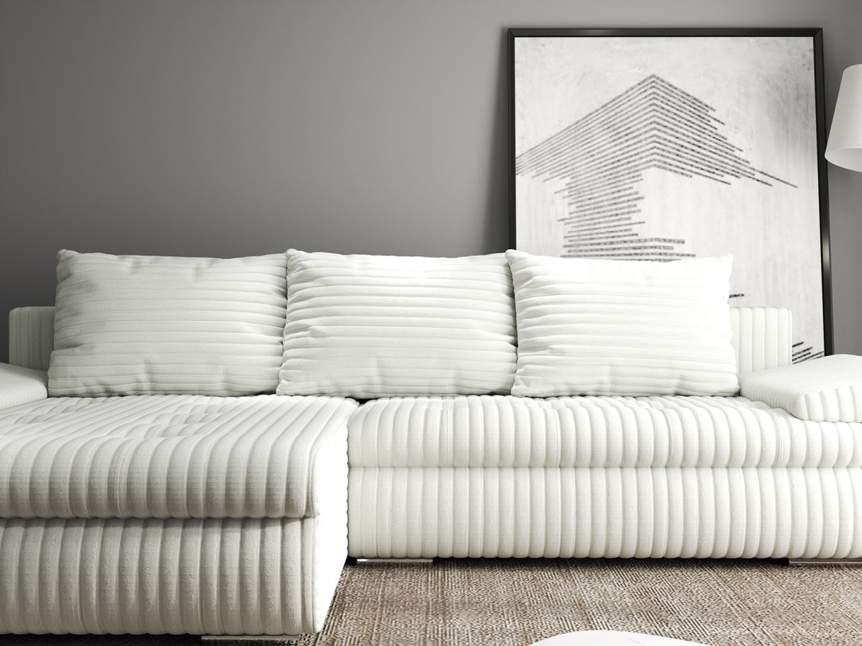 Colțar extensibil dumonde cu ladă de depozitare si sezut confortabil din spuma HR, Leonardo Ambience Alb 255x193 cm