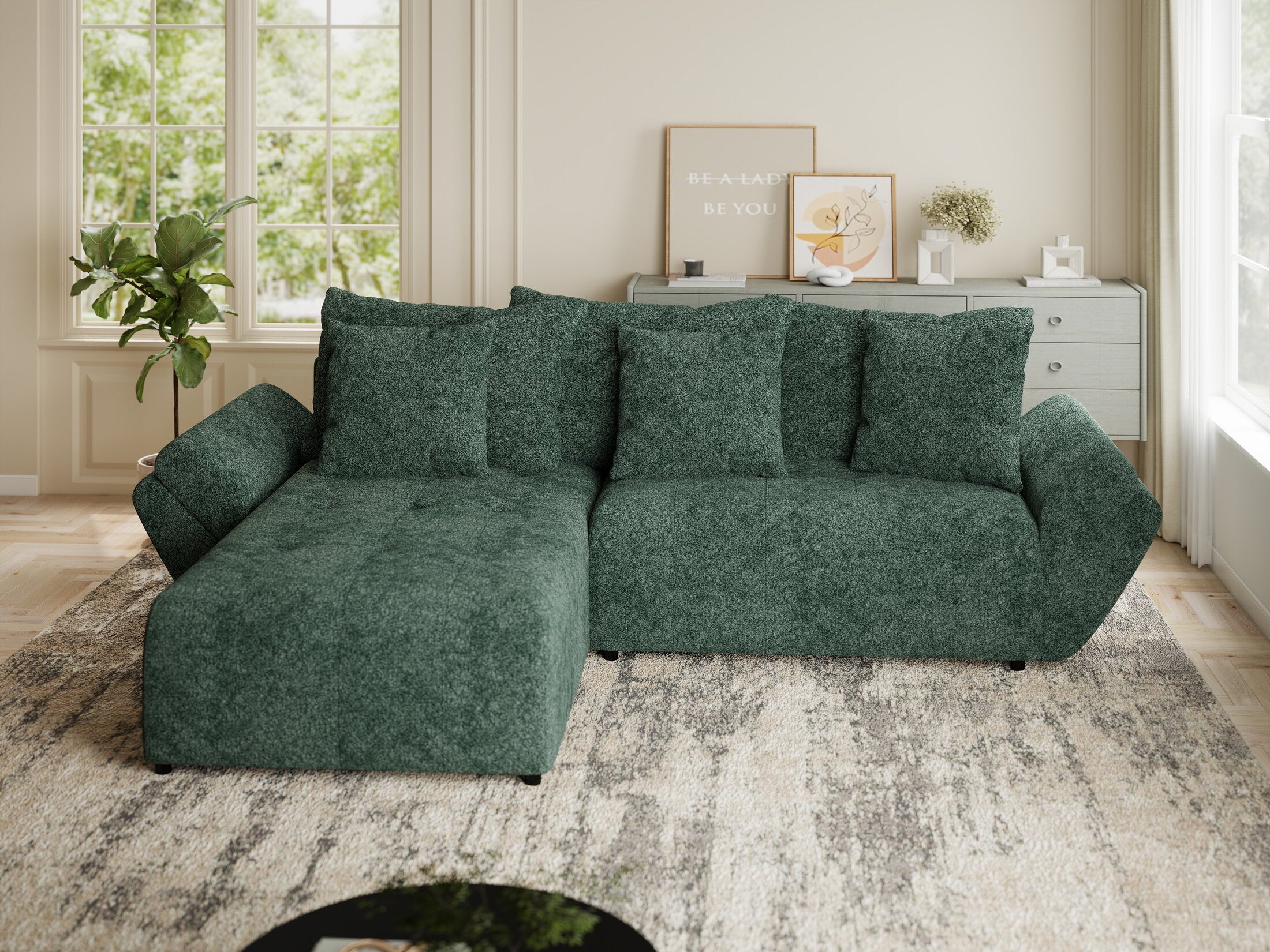 Colțar extensibil dumonde cu ladă de depozitare si sezut confortabil din spuma HR, Berlin Euphoria Verde 280x185 cm