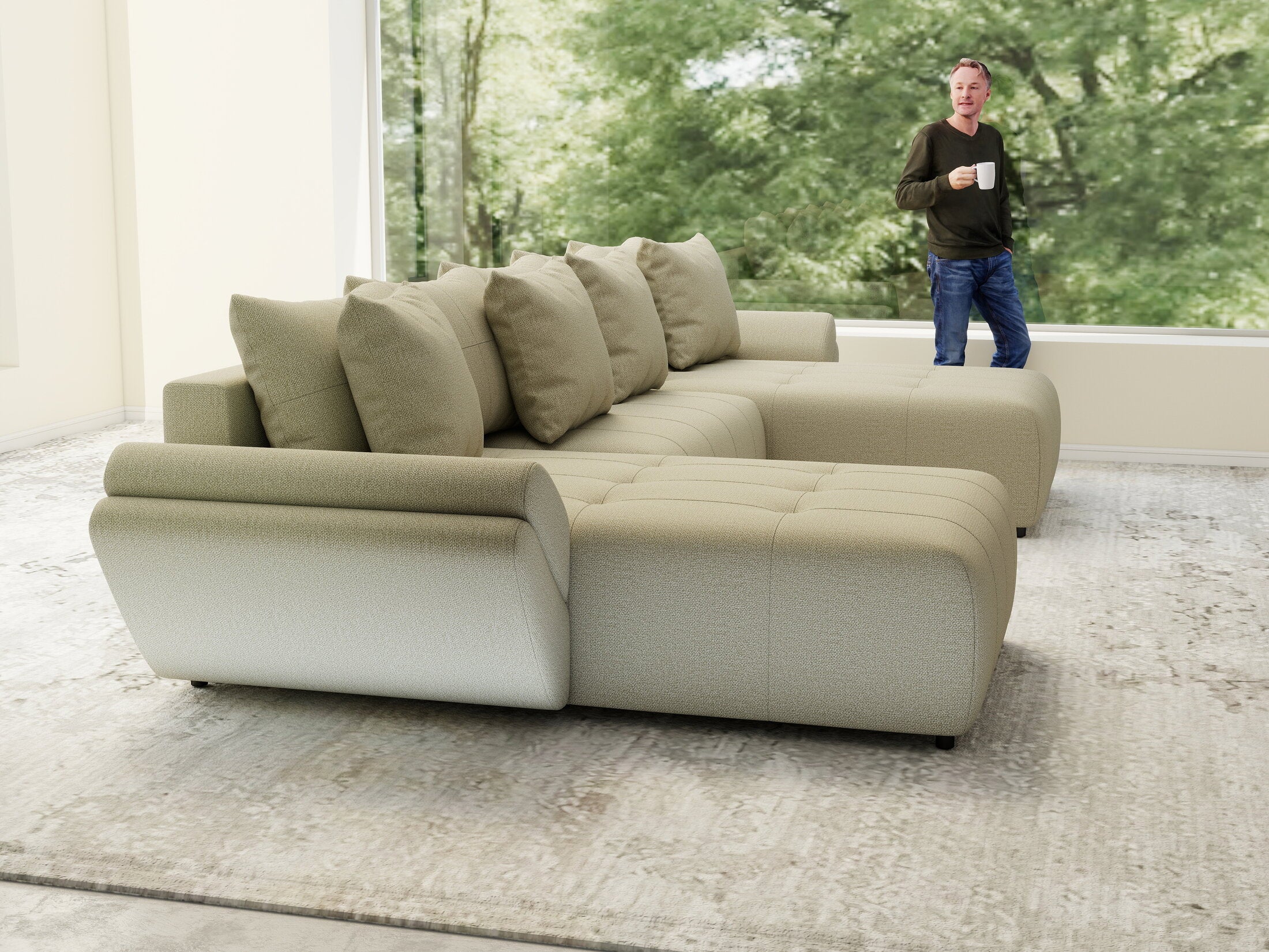 Colțar extensibil dumonde cu ladă de depozitare si sezut confortabil din spuma HR, Berlin U Enjoy Camel 380x180 cm