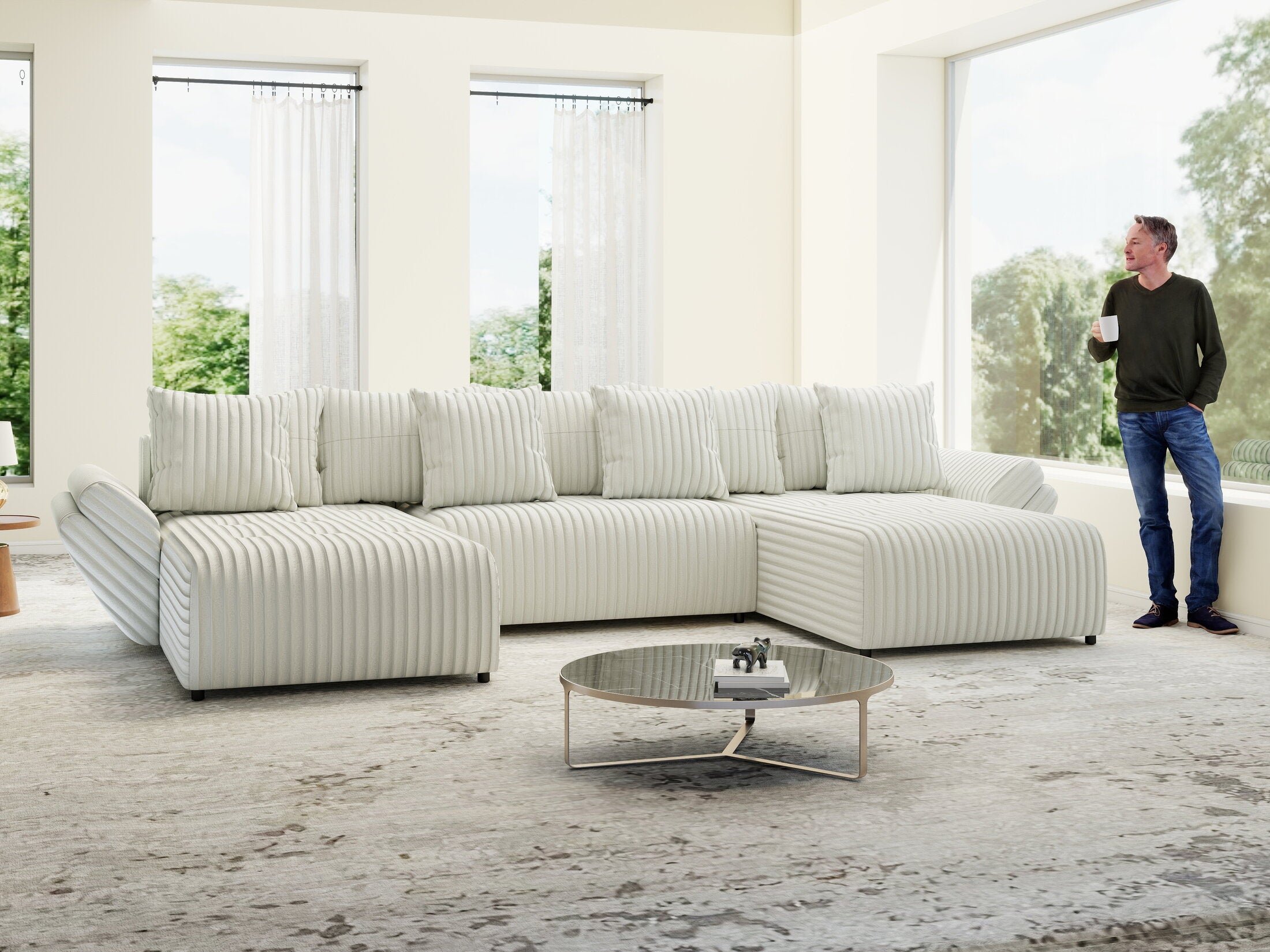 Colțar extensibil dumonde cu ladă de depozitare si sezut confortabil din spuma HR, Berlin U Ambience Ivory 380x180 cm