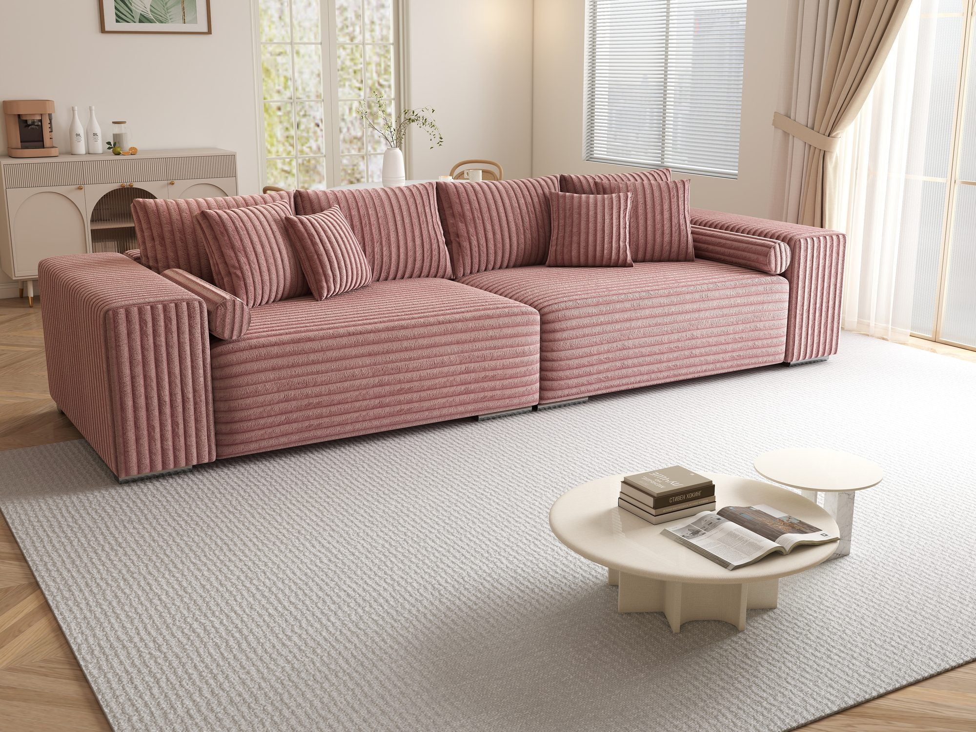 Canapea extensibilă dumonde cu ladă de depozitare si sezut confortabil din spuma high-density, Marbela XXL Tilia Roz Pudrat 62 290x100 cm
