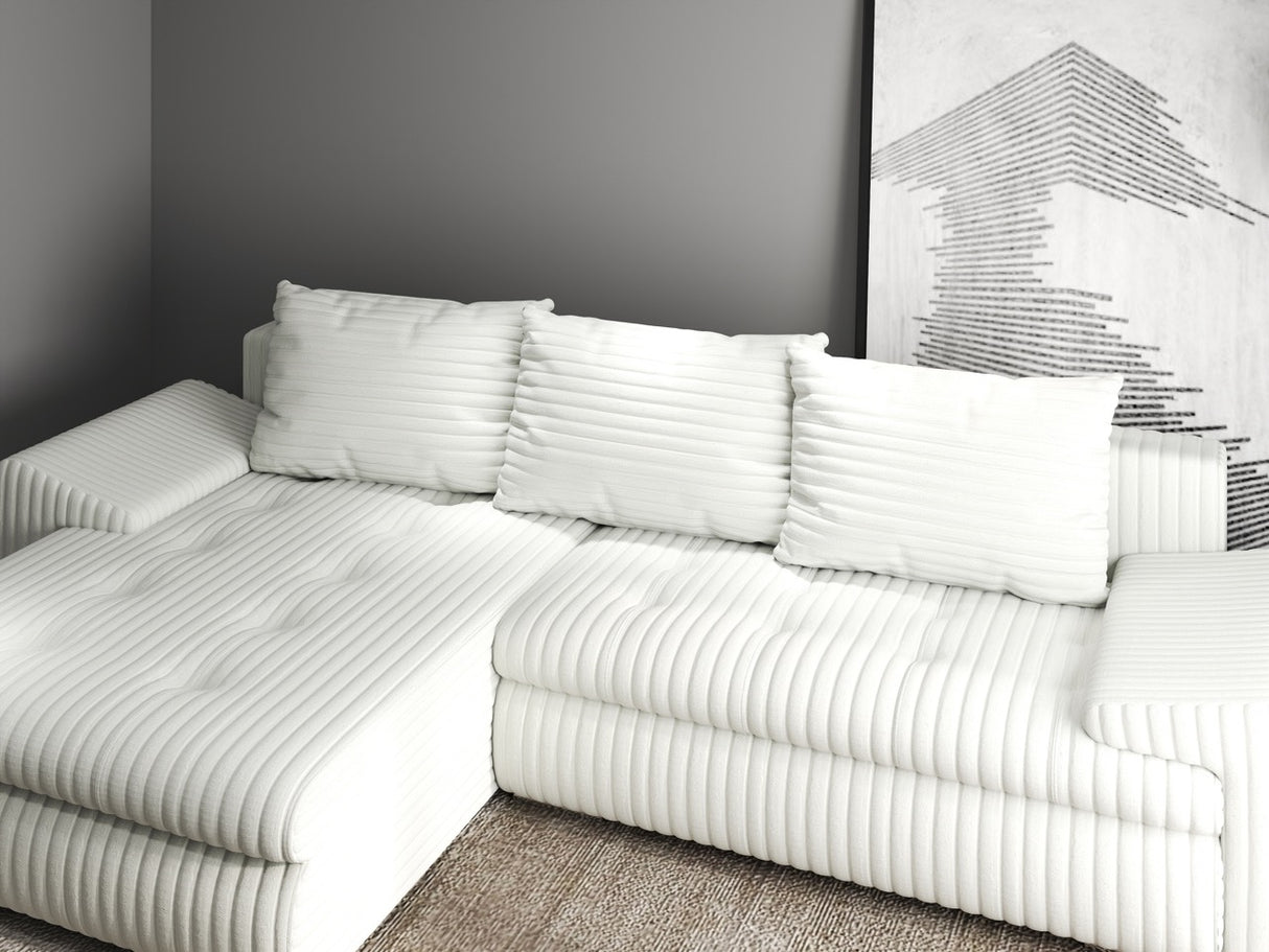 Colțar extensibil dumonde cu ladă de depozitare si sezut confortabil din spuma HR, Leonardo Ambience Alb 255x193 cm